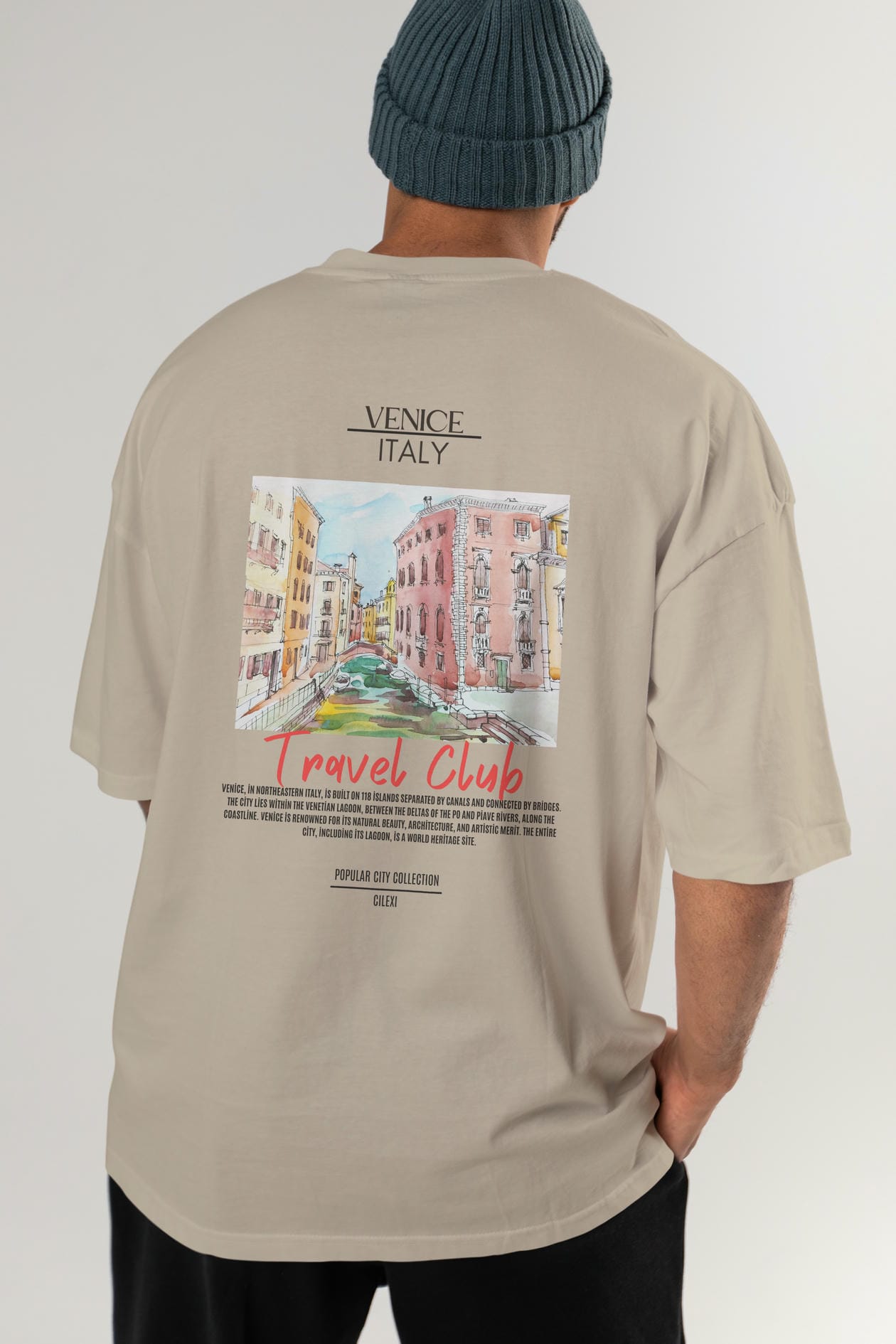 Venice İtaly Arka Baskılı Oversize t-shirt Erkek Kadın Pamuk Bisiklet Yaka tişort