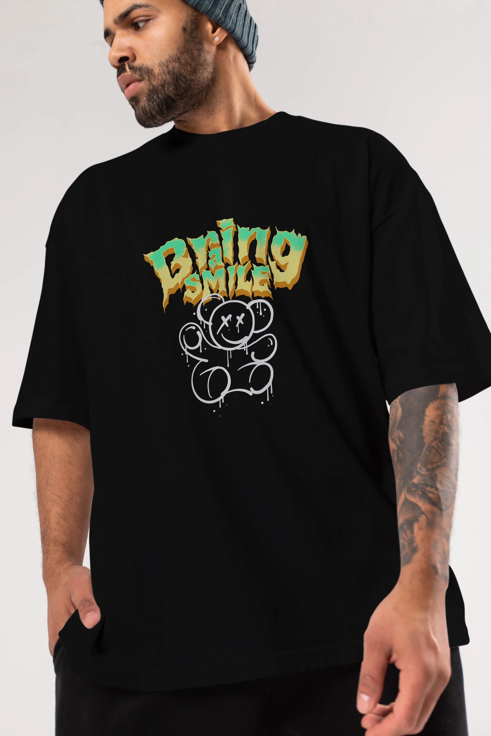 Teddy Bear Braing Smile Ön Baskılı Oversize t-shirt Erkek Kadın Unisex