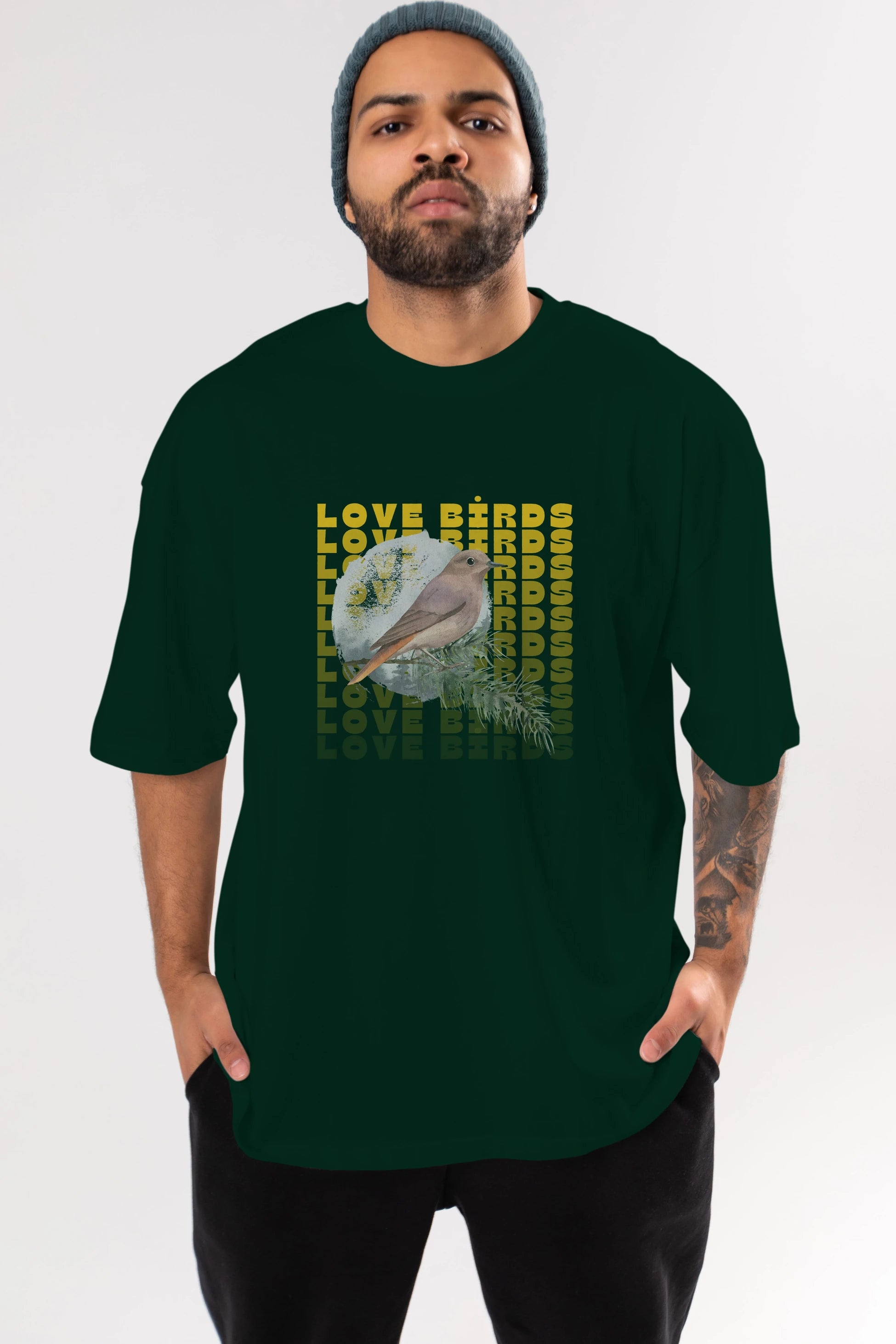 Love Birds Yazılı Ön Baskılı Oversize t-shirt Erkek Kadın Unisex