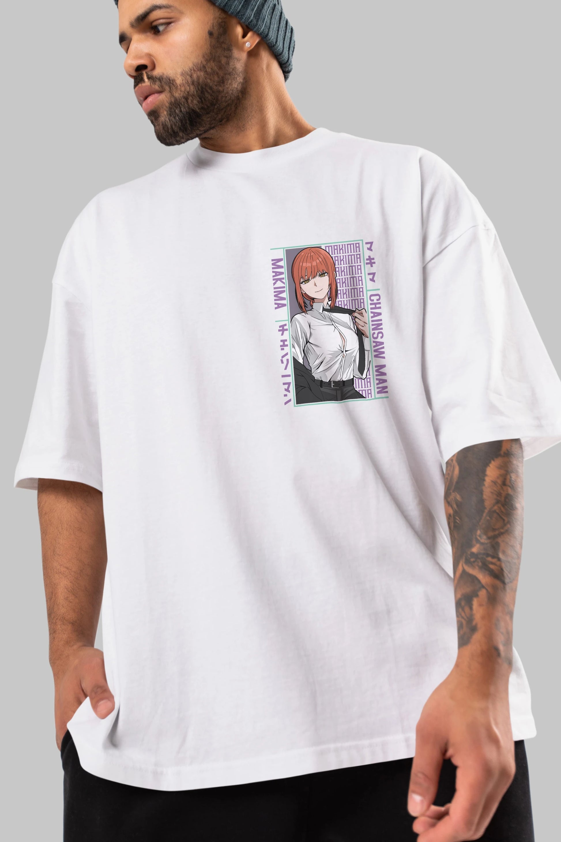 Makima Chain Saw Man Ön Sol Baskılı Oversize t-shirt Erkek Kadın Unisex %100 Pamuk Bisiklet Yaka tişort