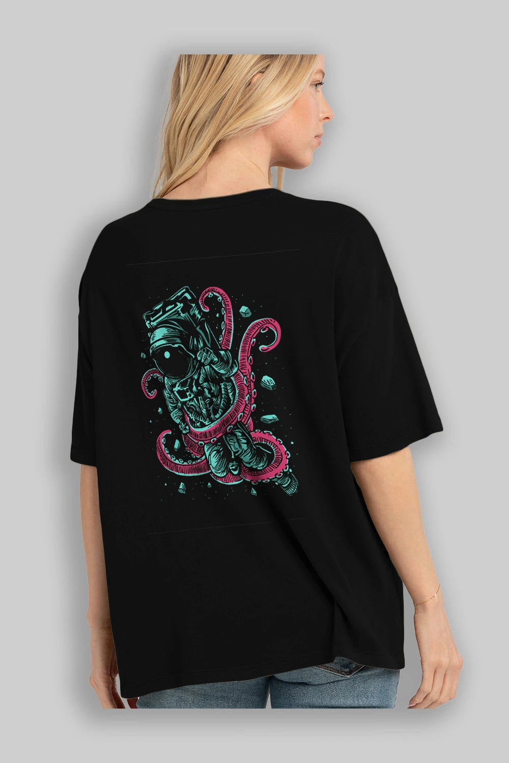 Astronaut Octopus Arka Baskılı Oversize t-shirt Erkek Kadın Unisex %100 Pamuk