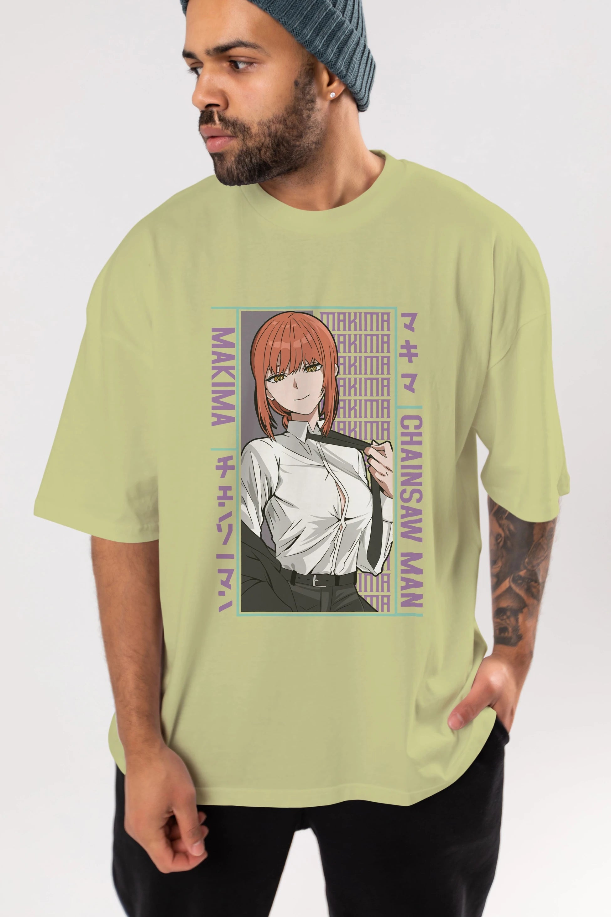 Makima Chain Saw Man Anime Ön Baskılı Oversize t-shirt %100 pamuk Erkek Kadın Unisex