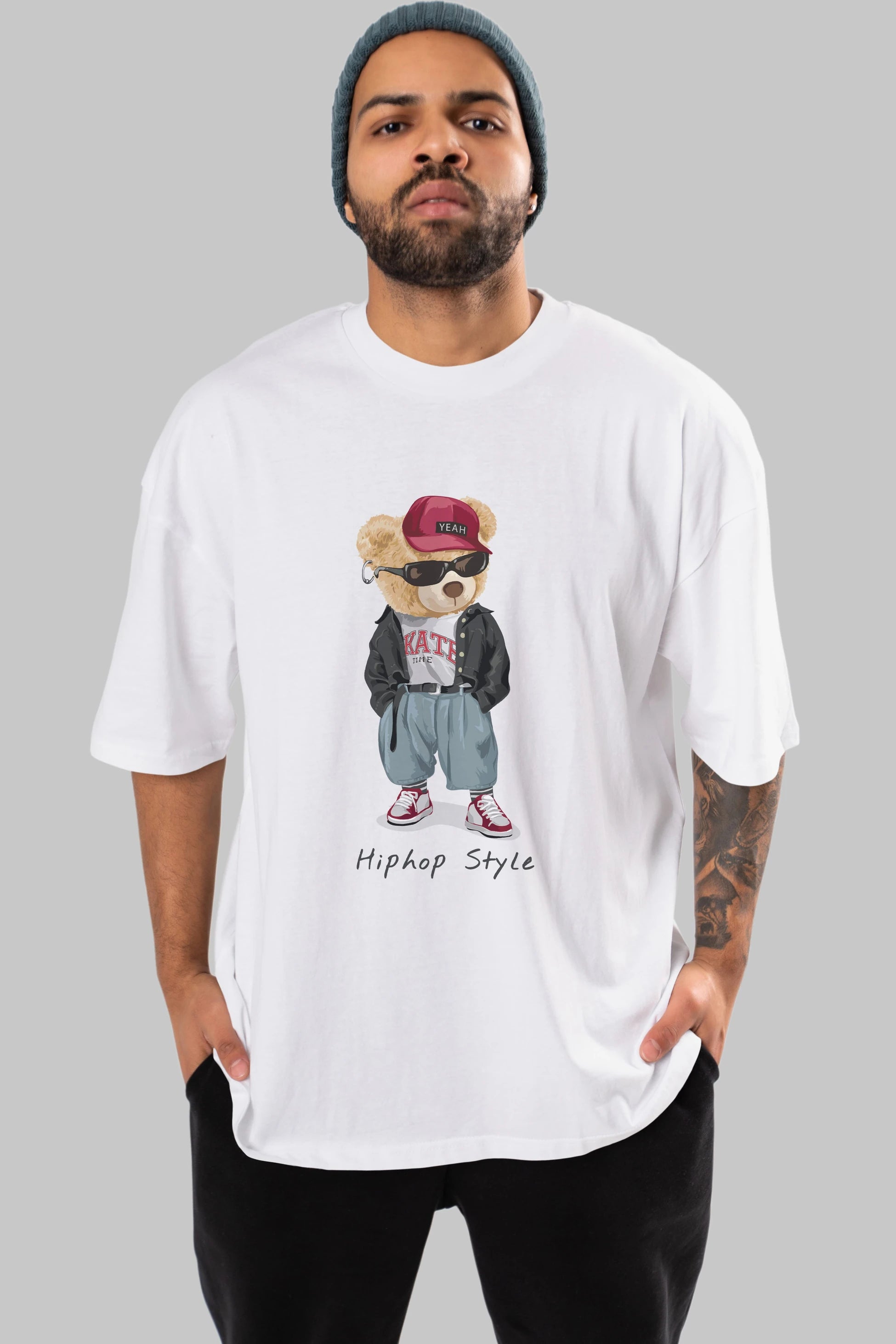 Teddy Bear Hiphop Style Ön Baskılı Oversize t-shirt Erkek Kadın Unisex %100 Pamuk