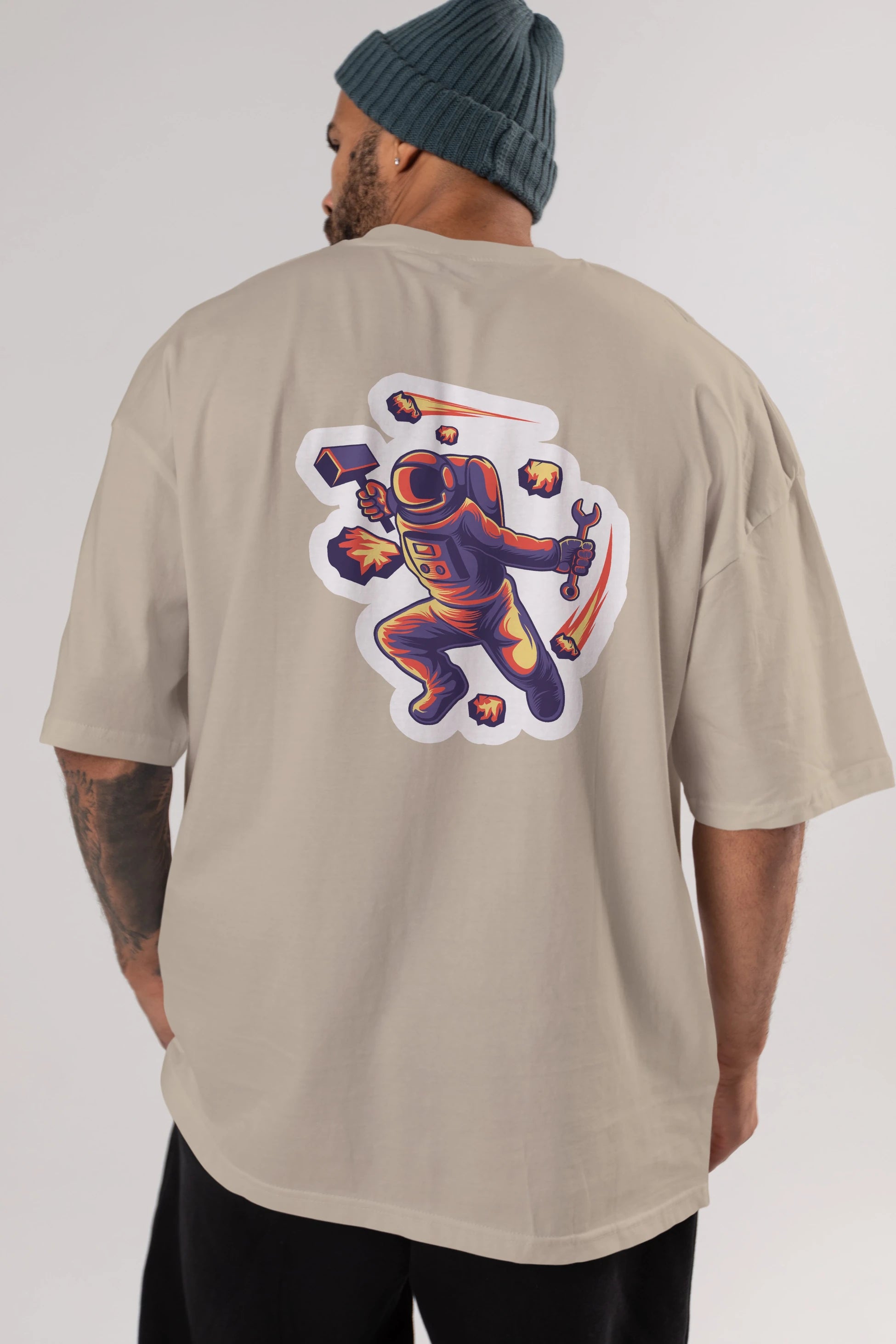 Astronaut Block Meteor Sticker Arka Baskılı Oversize t-shirt Erkek Kadın Unisex