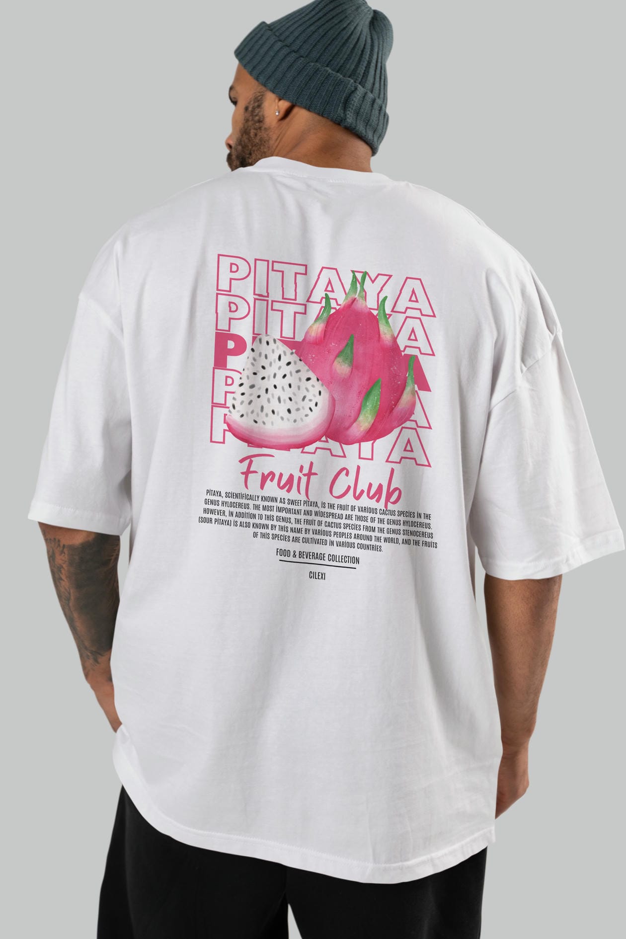 Pitaya Arka Baskılı Oversize t-shirt Erkek Kadın Pamuk Bisiklet Yaka tişort