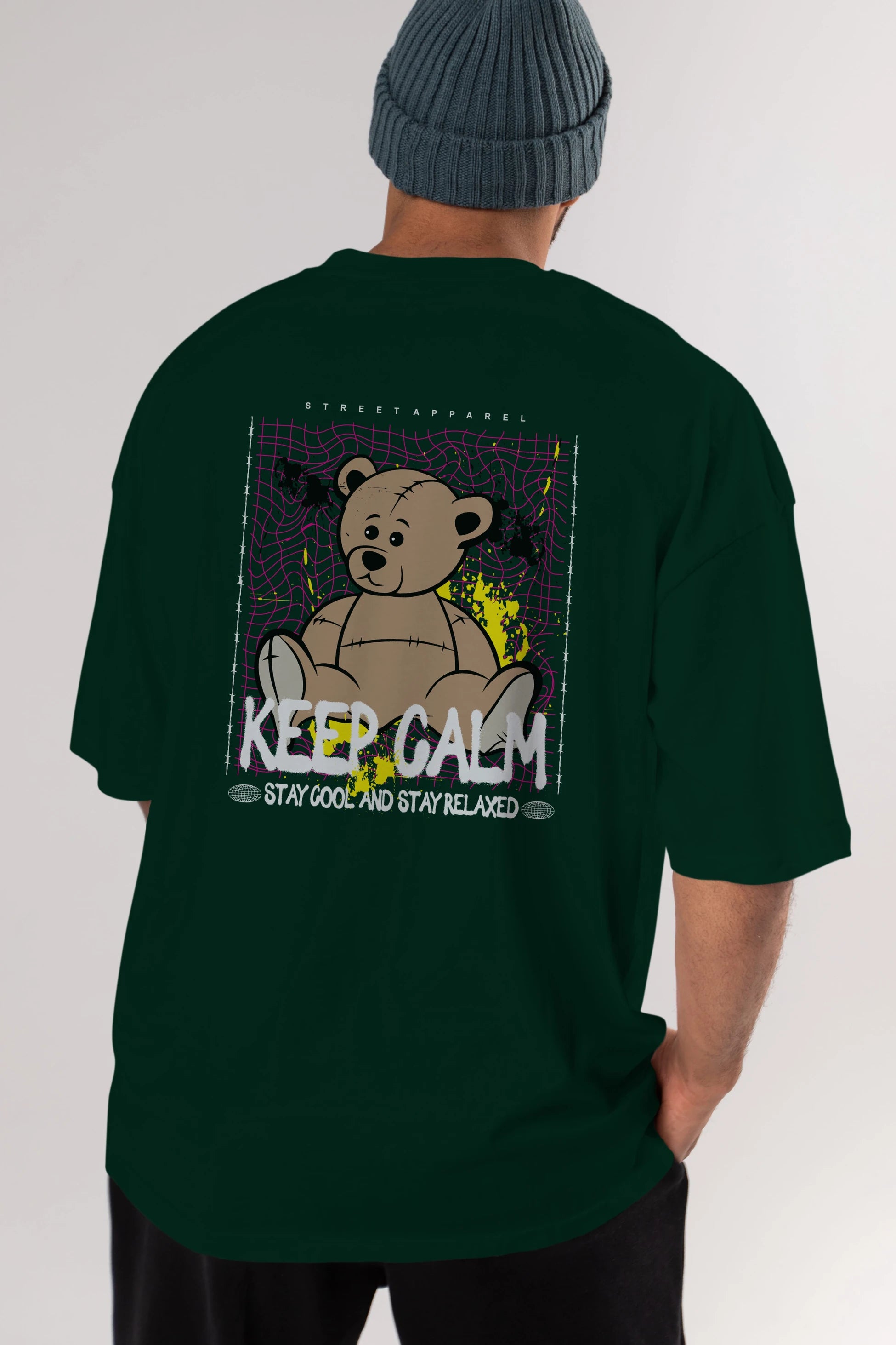 Keep Calm Bear Arka Baskılı Oversize t-shirt Erkek Kadın Unisex