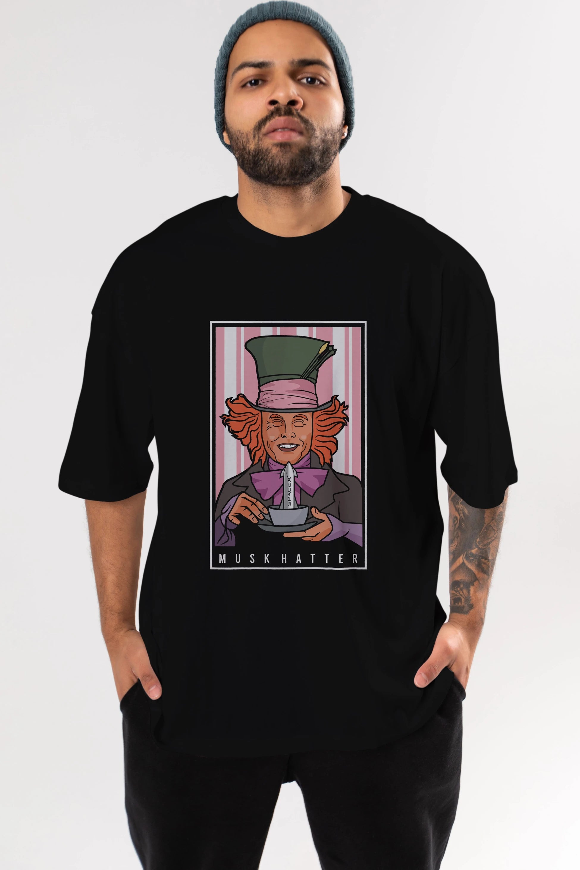Mad Hatter Elon Musk Ön Baskılı Oversize t-shirt Erkek Kadın Unisex %100 Pamuk tişort