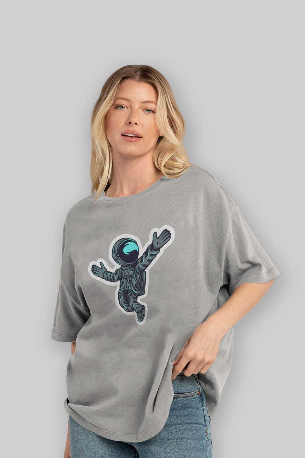 Happy Astronaut Sticker Ön Baskılı Oversize t-shirt Erkek Kadın Unisex