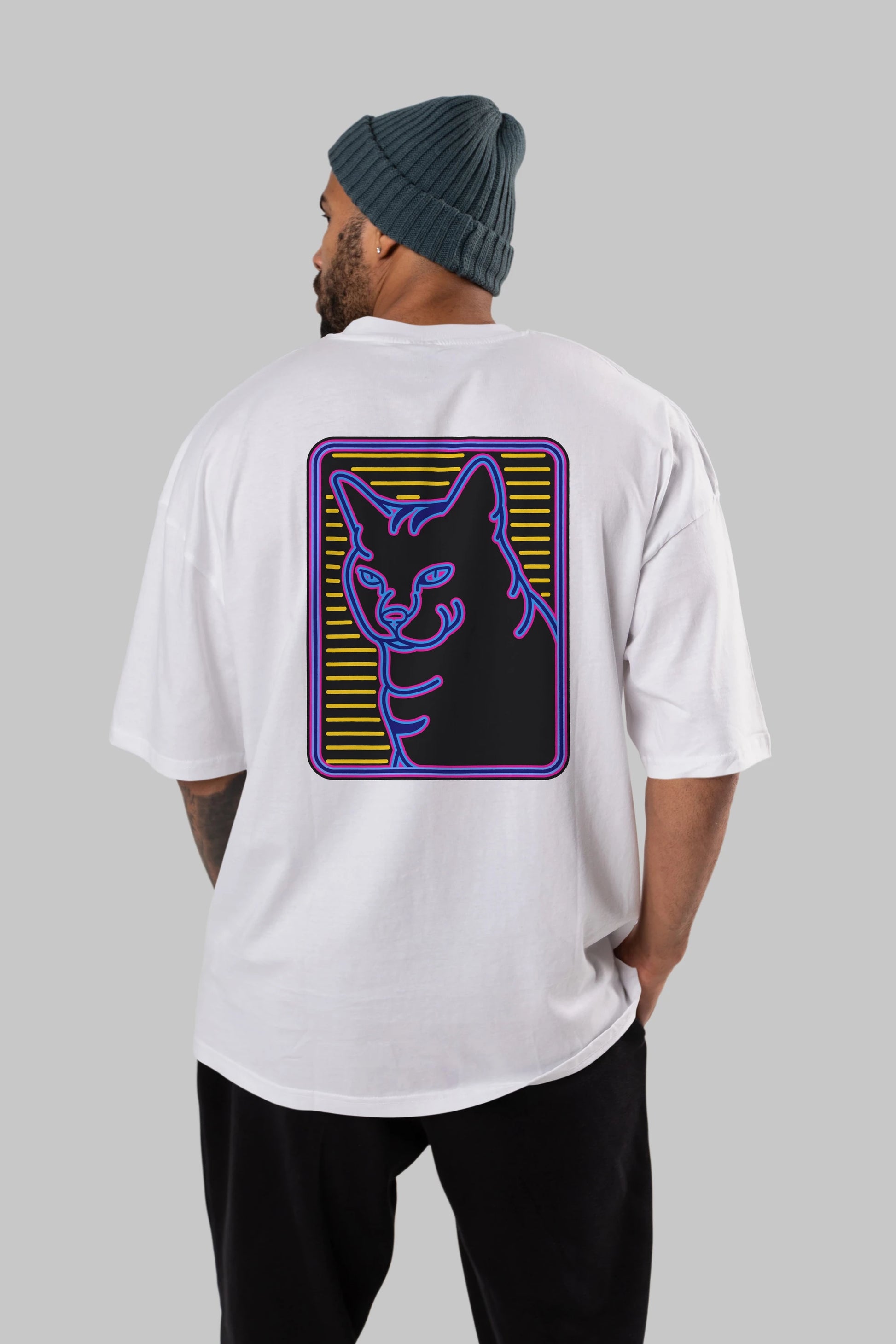 Neon Cat Arka Baskılı Oversize t-shirt Erkek Kadın Unisex