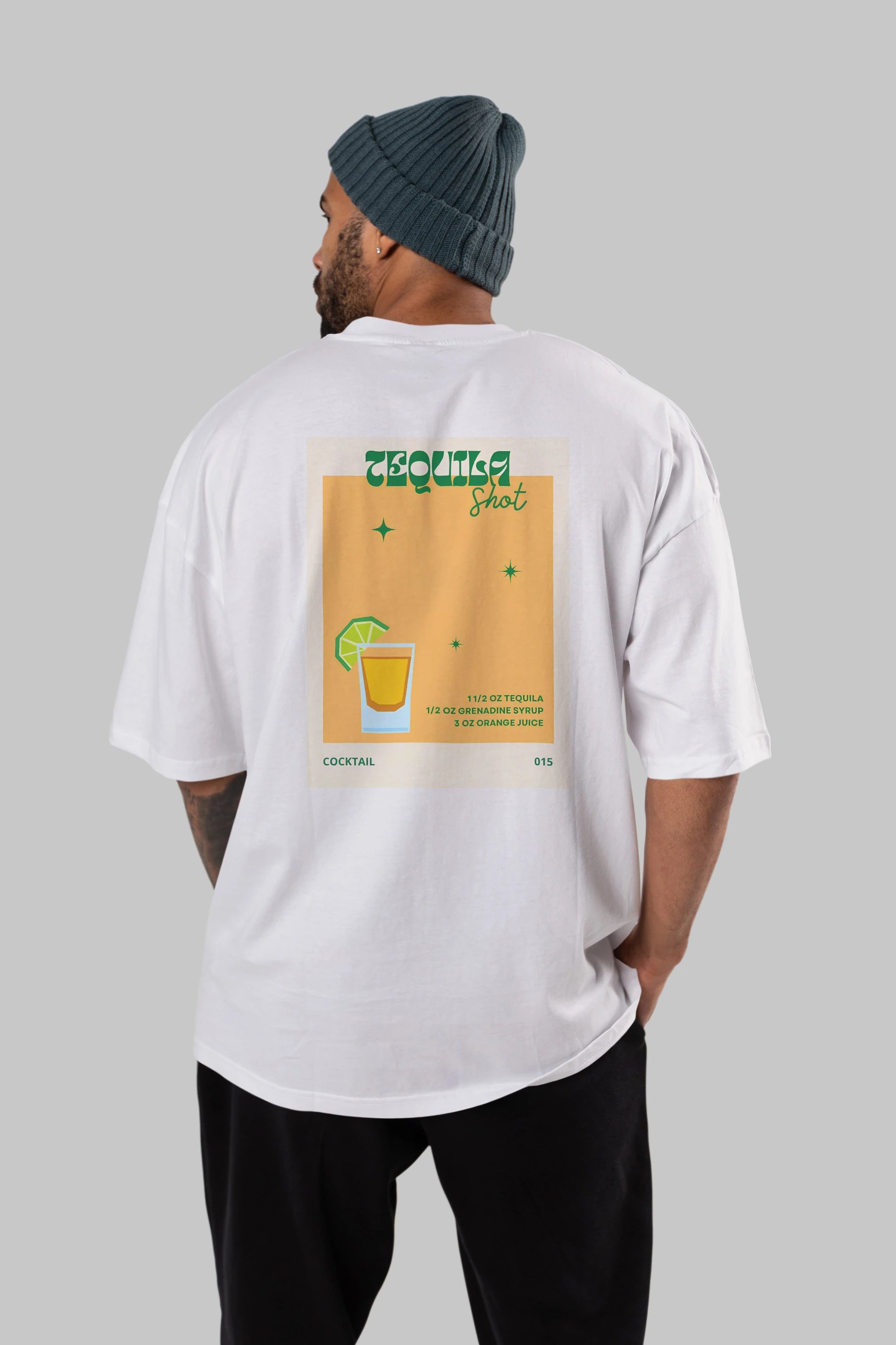 Tequila Shot 2 Arka Baskılı Oversize t-shirt Erkek Kadın Unisex %100 Pamuk Bisiklet Yaka tişort