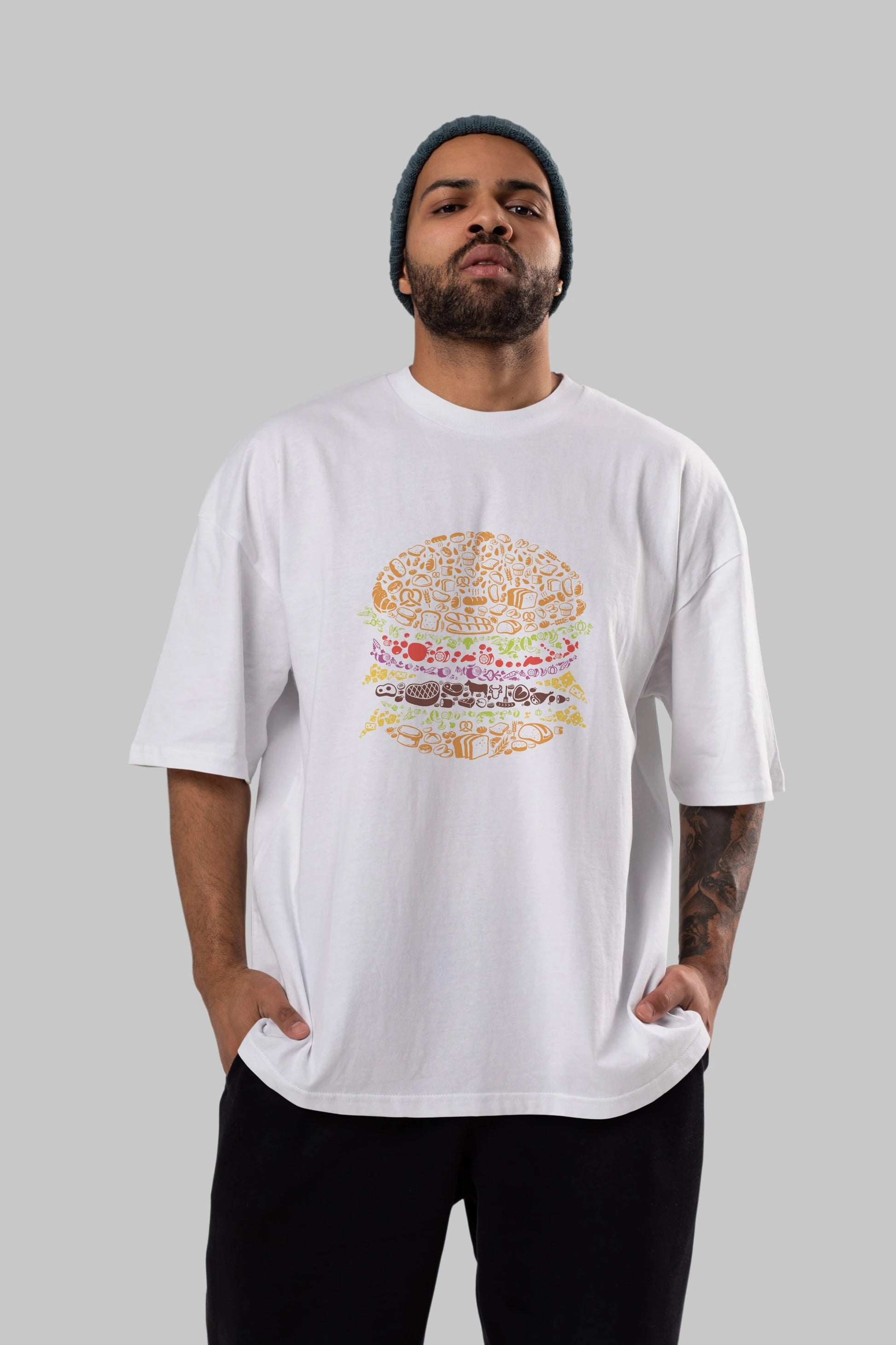 Burger Ön Baskılı Oversize t-shirt %100 pamuk Erkek Kadın Unisex