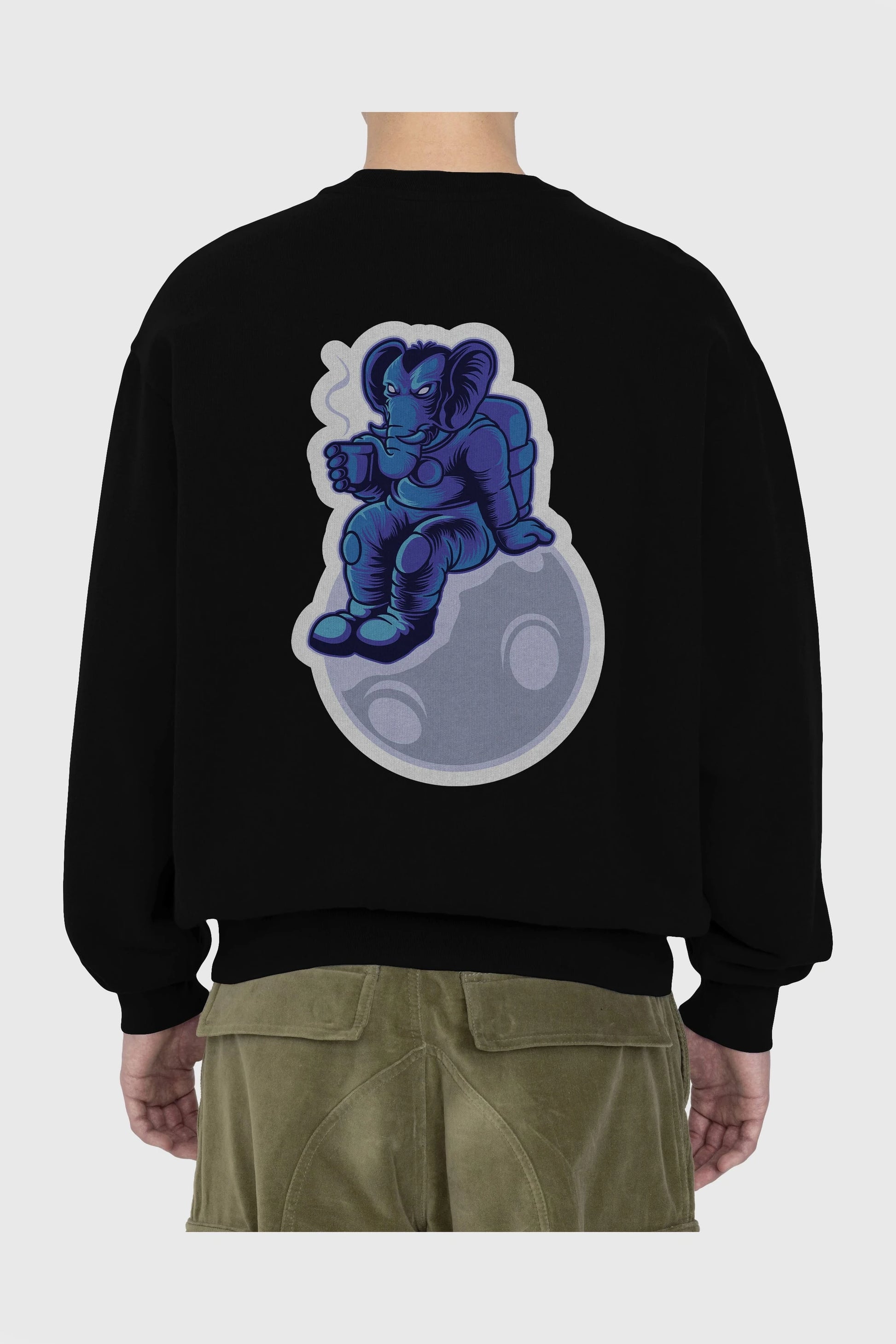 Space Elephant Drink Coffee Sticker Arka Baskılı Oversize Sweatshirt Erkek Kadın Unisex