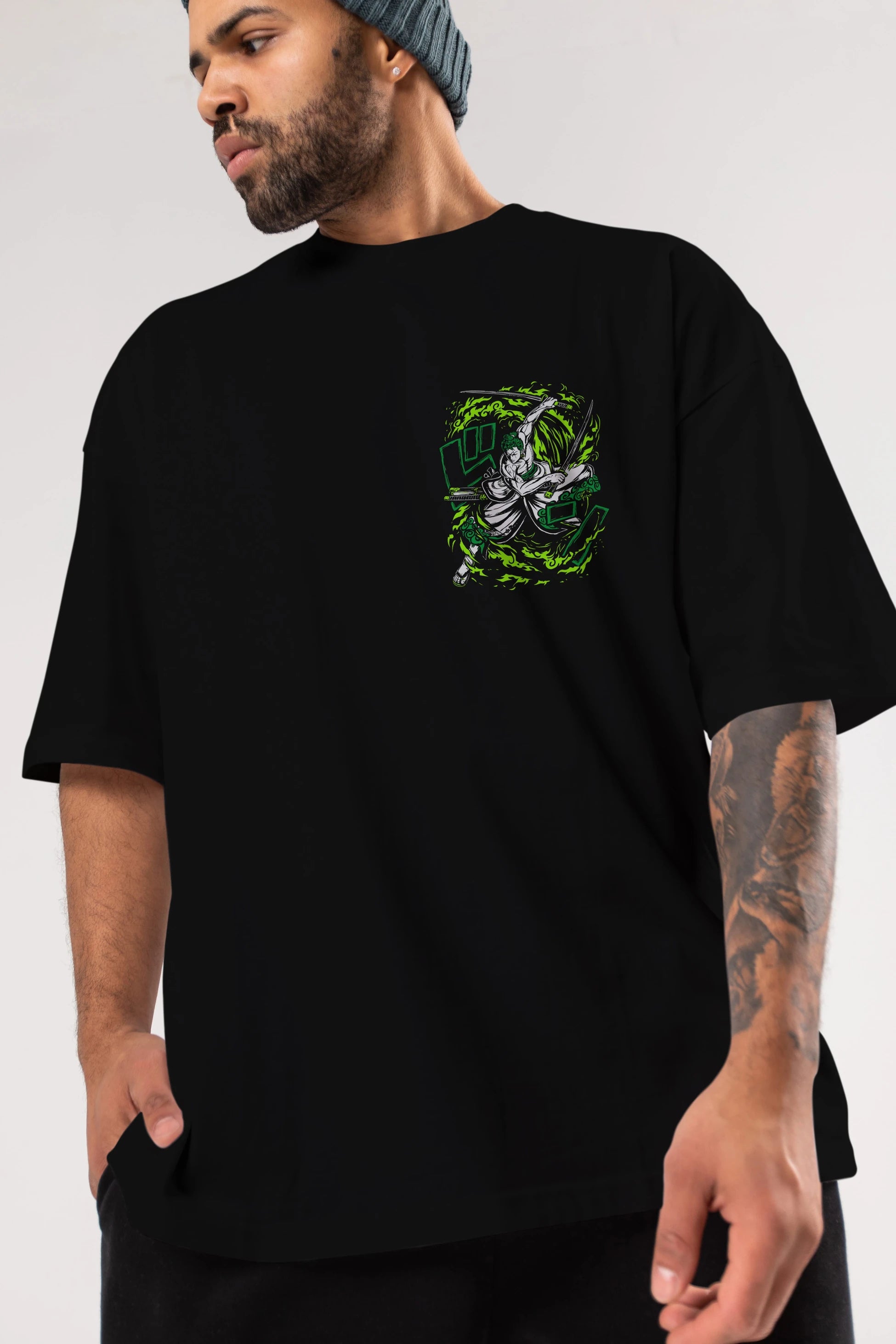 ZORO-ONE PIECE (2) Ön Sol Baskılı Oversize t-shirt Erkek Kadın Unisex %100 Pamuk Bisiklet Yaka tişort