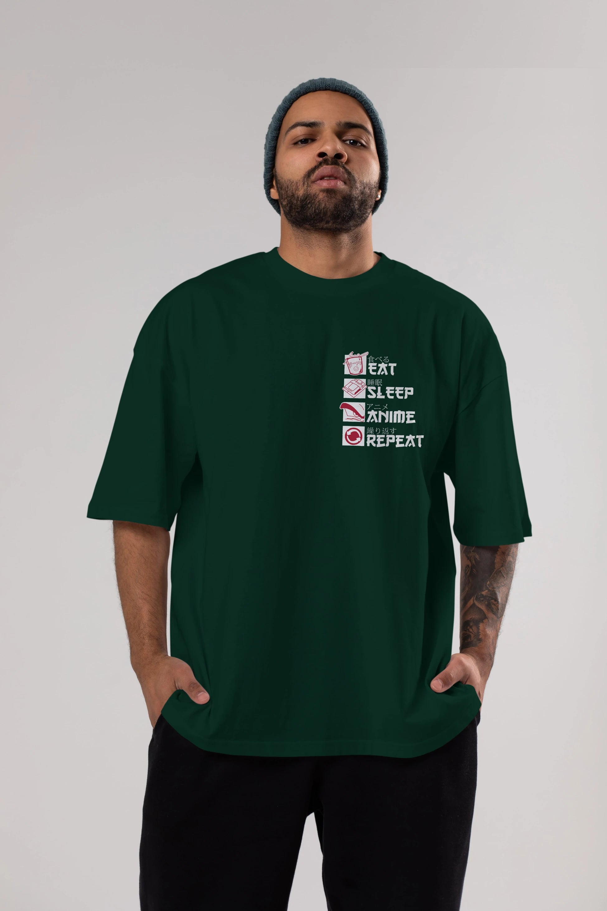 Eat, Sleep, Anime, Repeat Ön Sol Baskılı Oversize t-shirt Erkek Kadın Unisex %100 Pamuk Bisiklet Yaka tişort