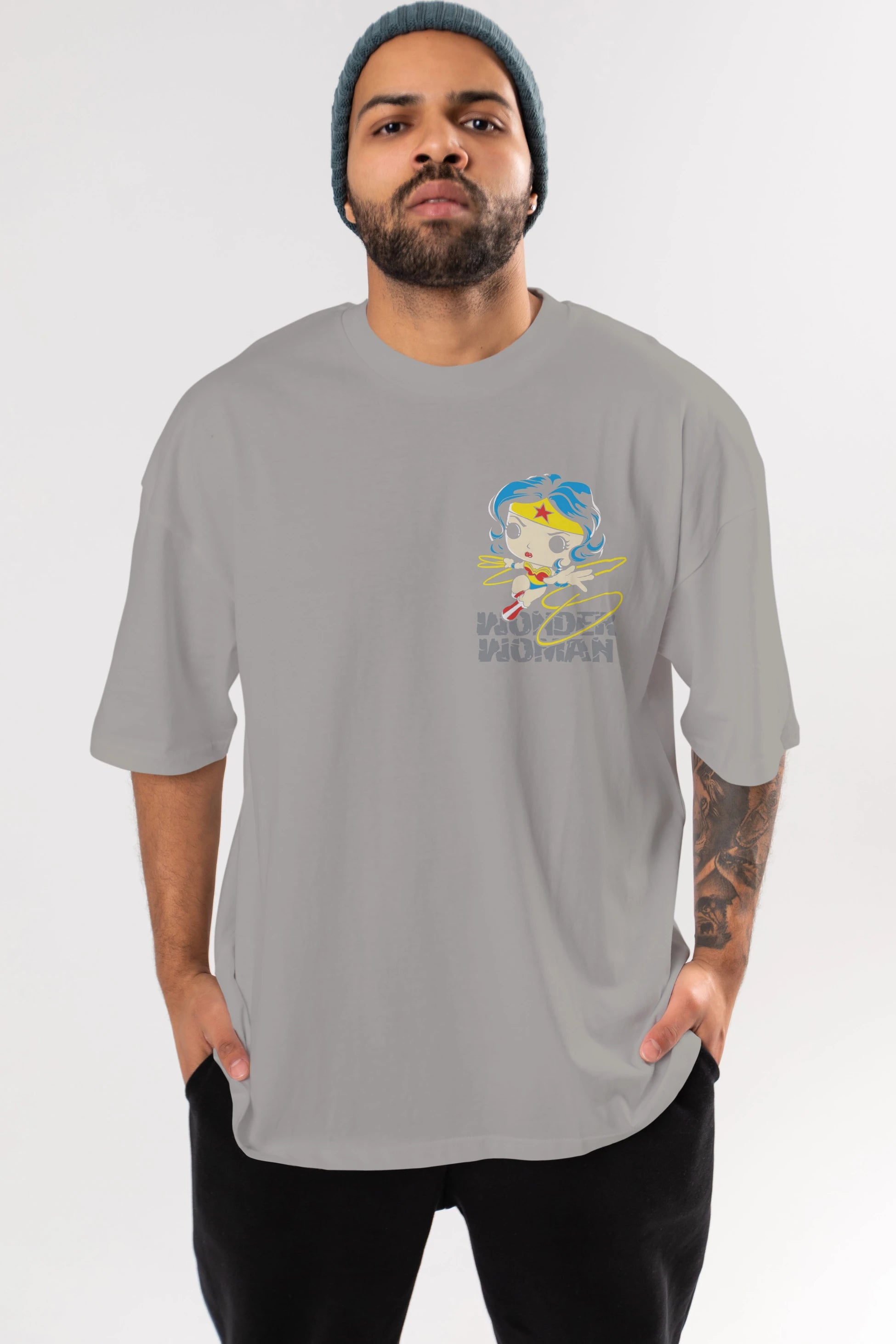 Wonder Woman Ön Sol Baskılı Oversize t-shirt Erkek Kadın Unisex %100 Pamuk Bisiklet Yaka tişort