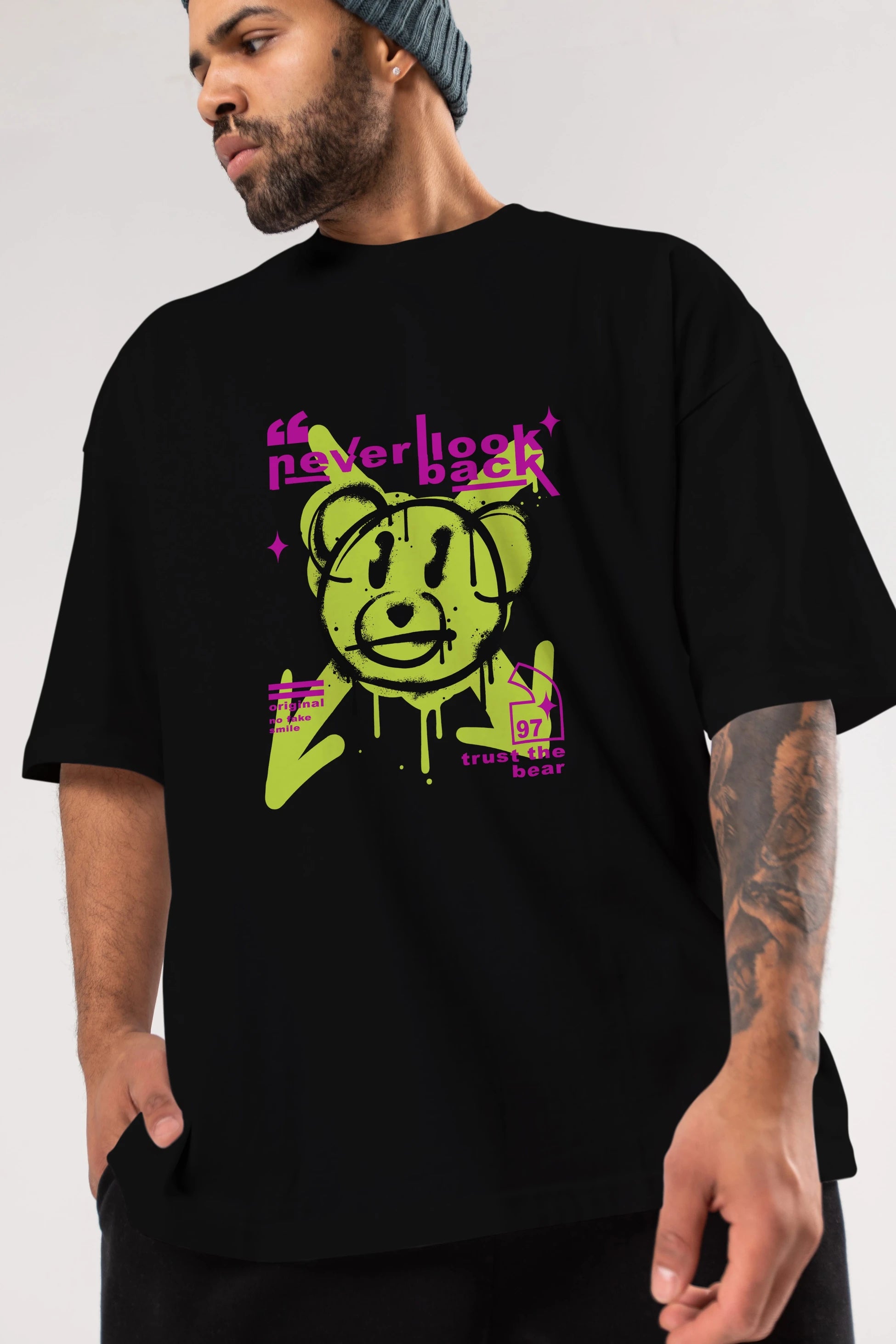 Never Look Back Bear Ön Baskılı Oversize t-shirt Erkek Kadın Unisex