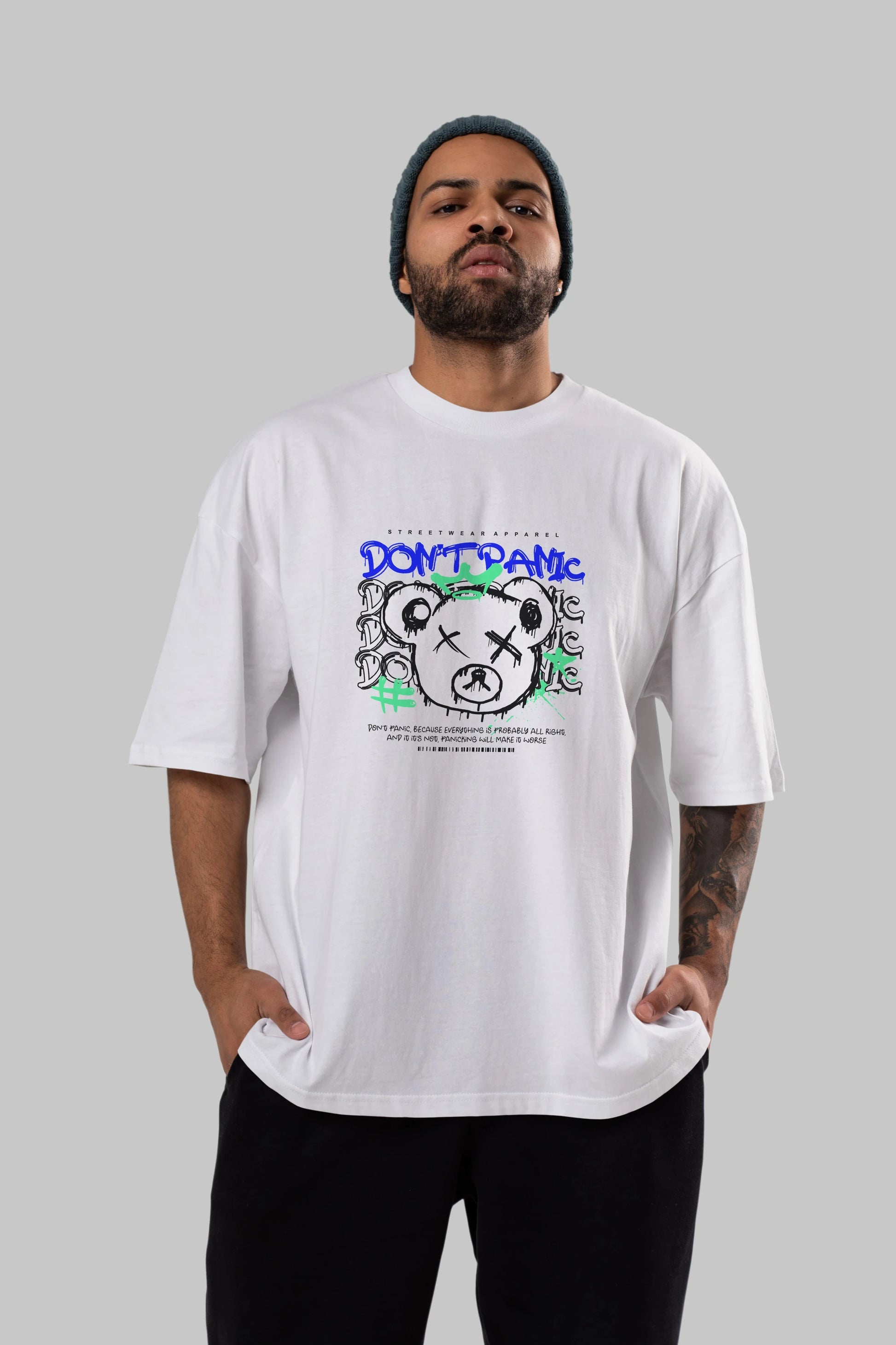 Teddy Bear Dont Panic Ön Baskılı Oversize t-shirt Erkek Kadın Unisex