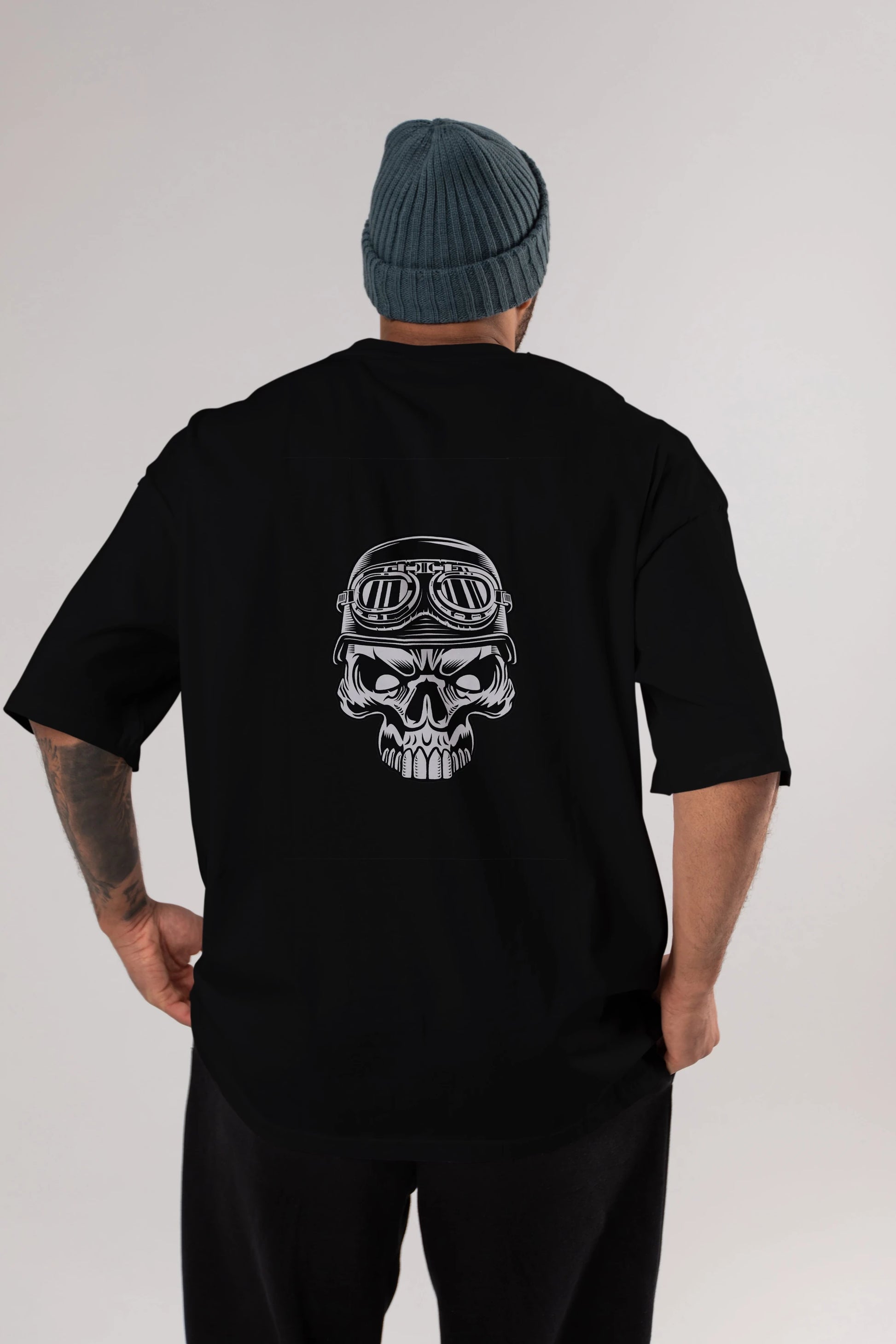 Biker Skull Helmet Arka Baskılı Oversize t-shirt Erkek Kadın Unisex %100 Pamuk tişort
