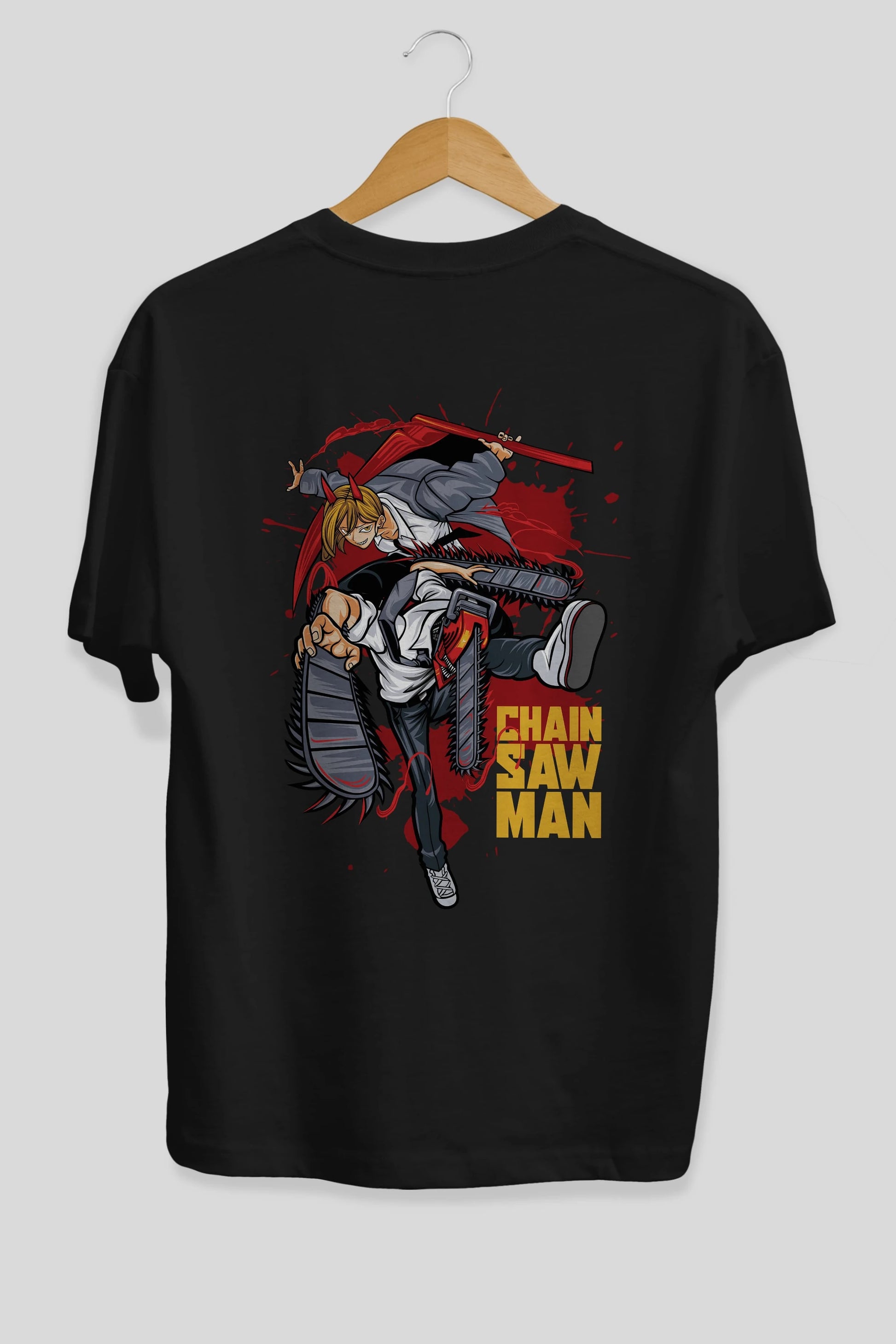 DENJI and POWER Anime Arka Baskılı Oversize t-shirt Erkek Kadın Unisex