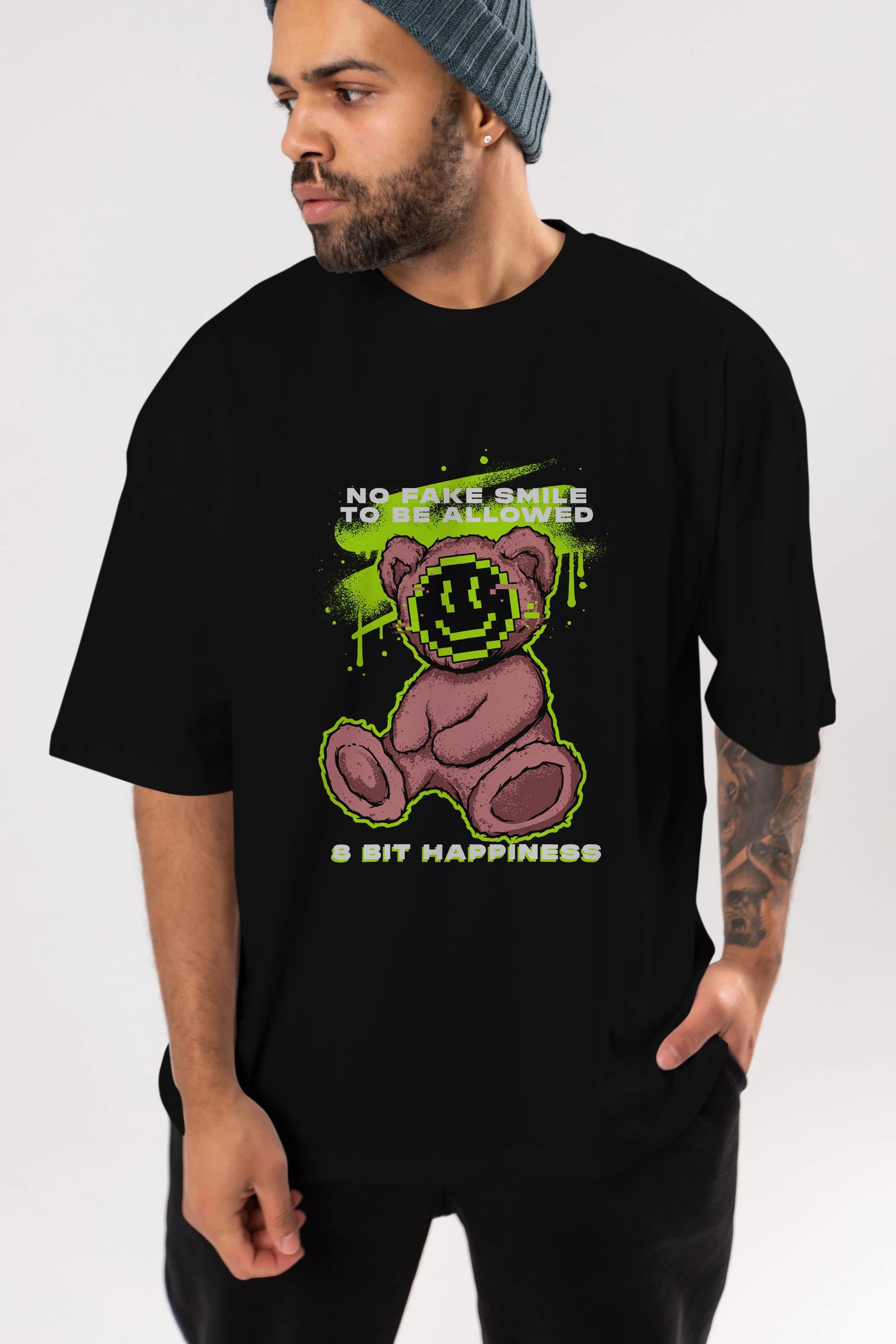No Fake Smile Bear Ön Baskılı Oversize t-shirt Erkek Kadın Unisex