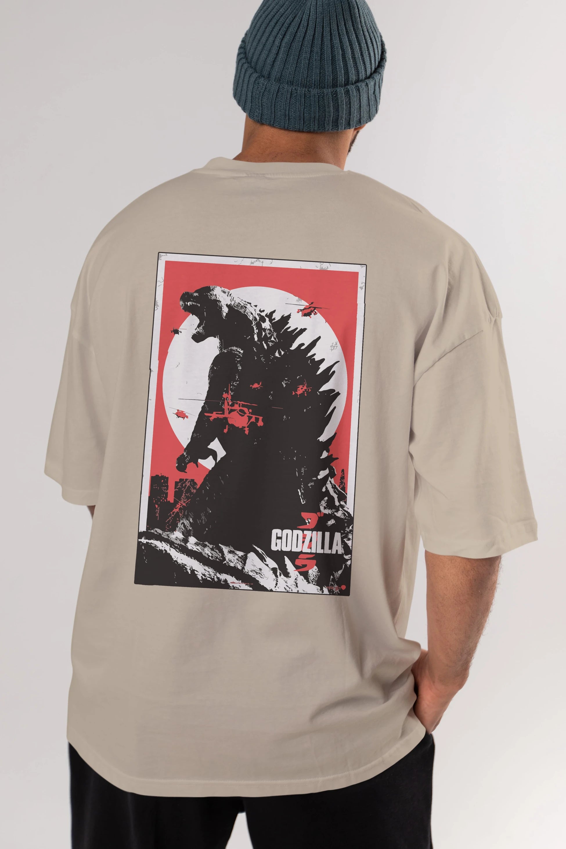 Godzilla (2) Arka Baskılı Oversize t-shirt Erkek Kadın Unisex %100 Pamuk Bisiklet Yaka tişort