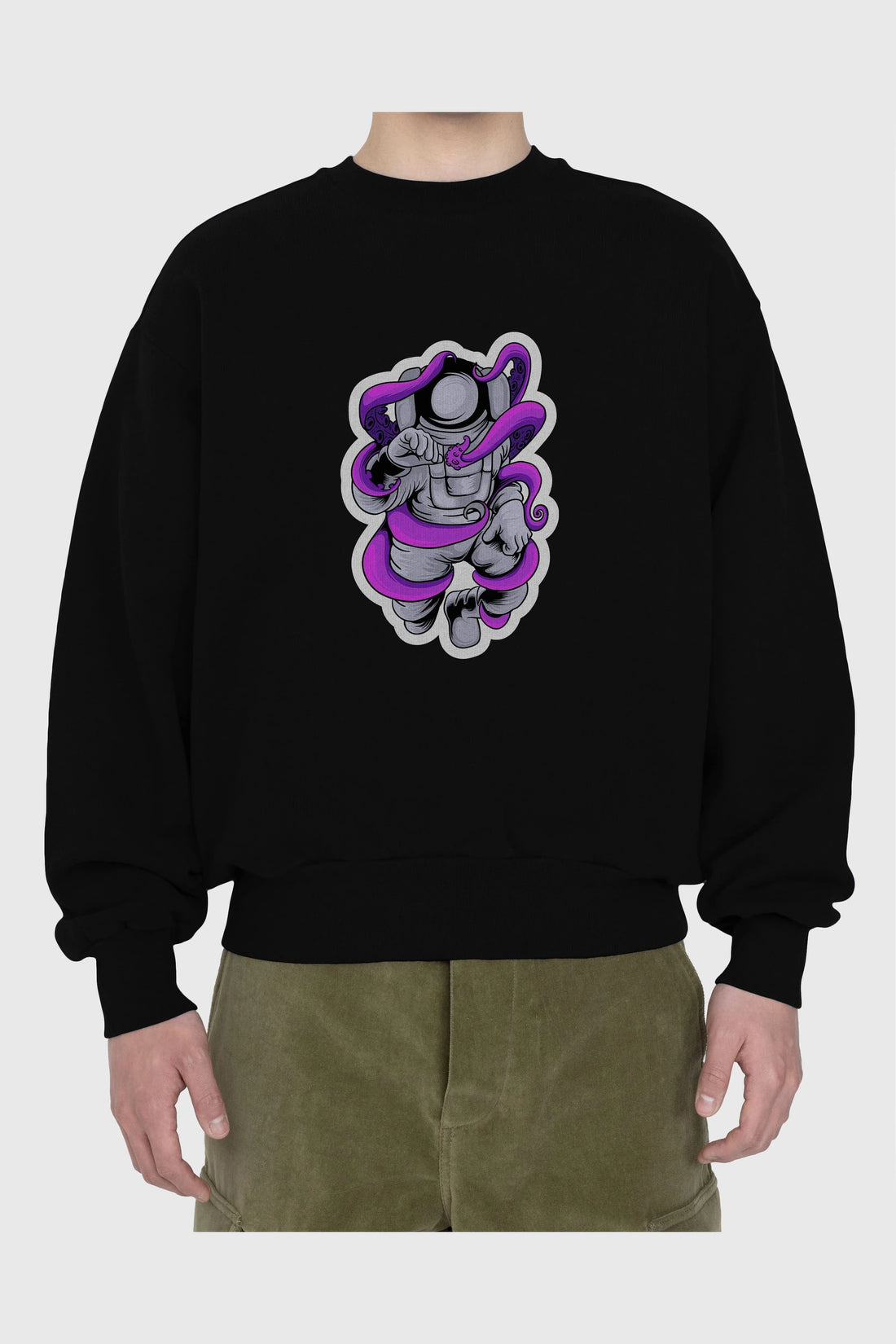 Astronaut fighting octopus sticker Ön Baskılı Oversize Sweatshirt Erkek Kadın Unisex