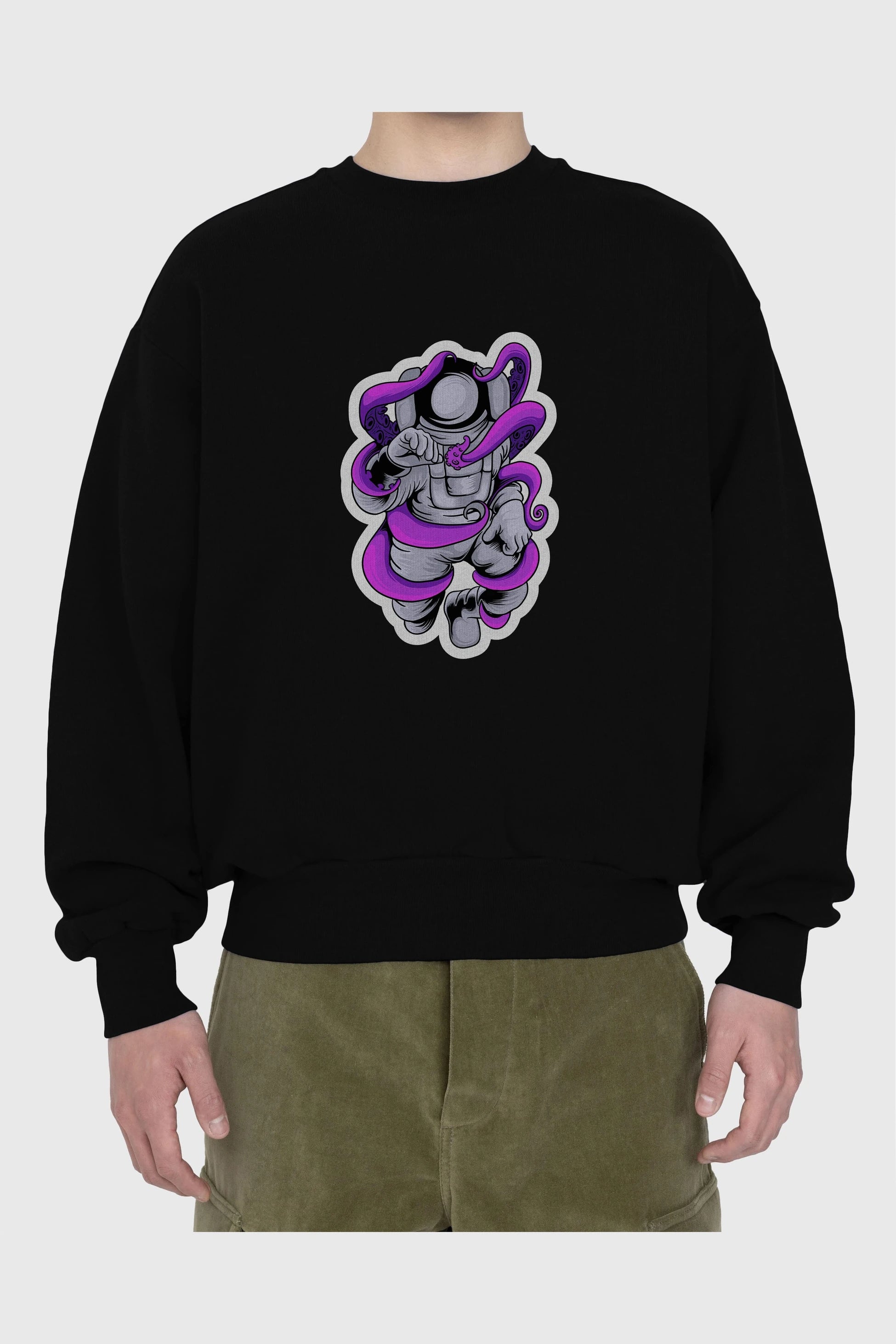 Astronaut fighting octopus sticker Ön Baskılı Oversize Sweatshirt Erkek Kadın Unisex
