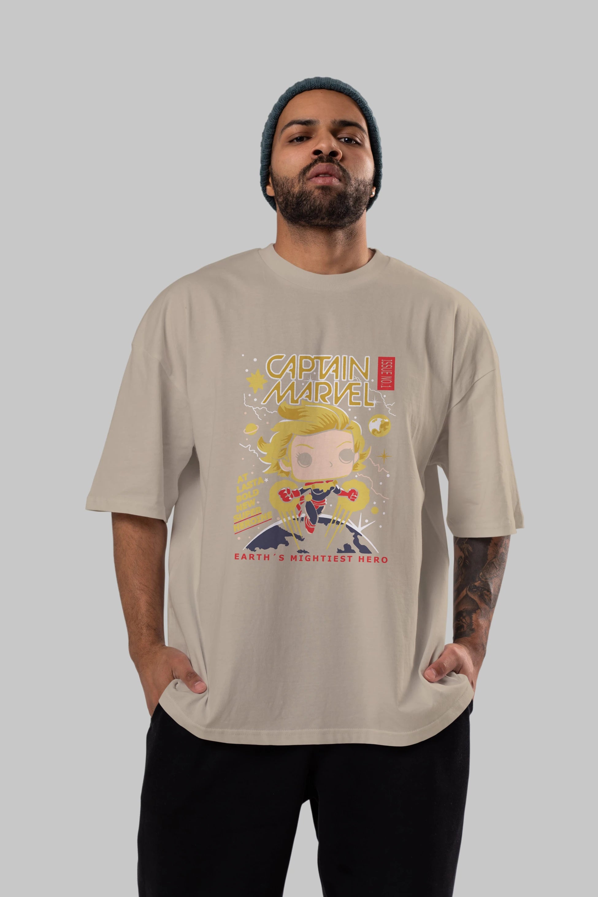 Captain Marvel Ön Baskılı Oversize t-shirt Erkek Kadın Unisex %100 Pamuk Bisiklet Yaka tişort