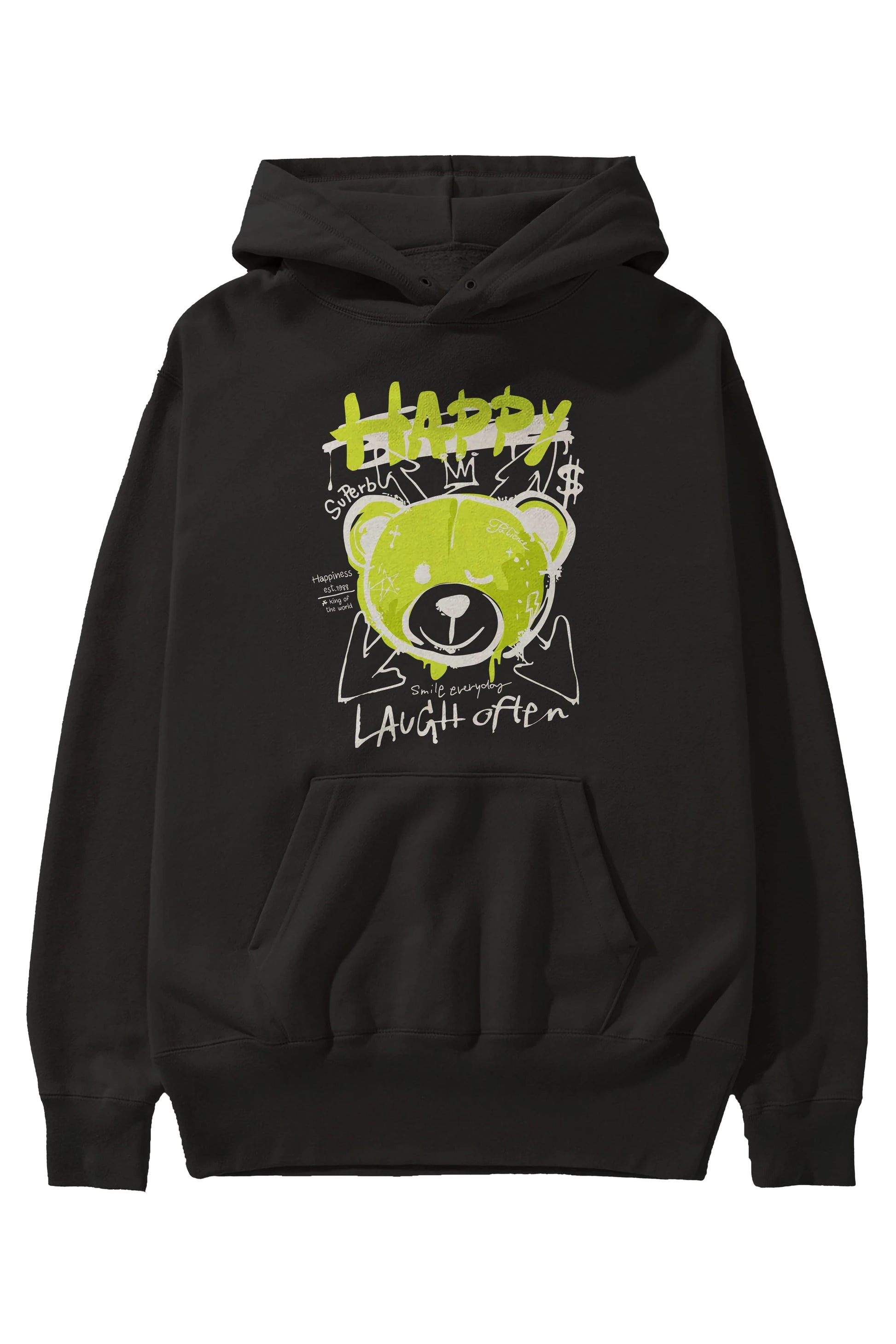 Happy Bear Ön Baskılı Hoodie Oversize Kapüşonlu Sweatshirt Erkek Kadın Unisex