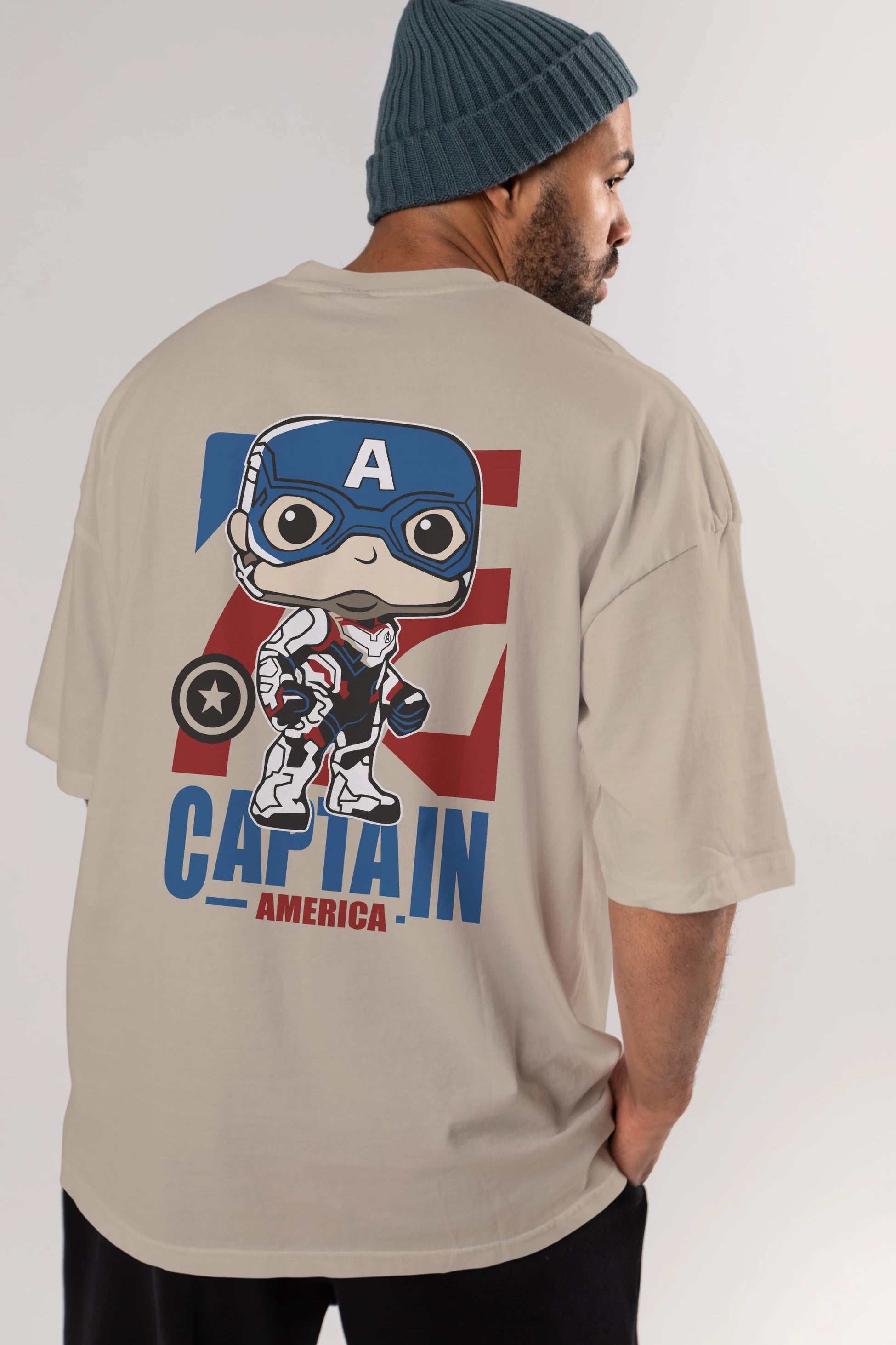 Captain America Arka Baskılı Oversize t-shirt Erkek Kadın Unisex %100 Pamuk Bisiklet Yaka tişort