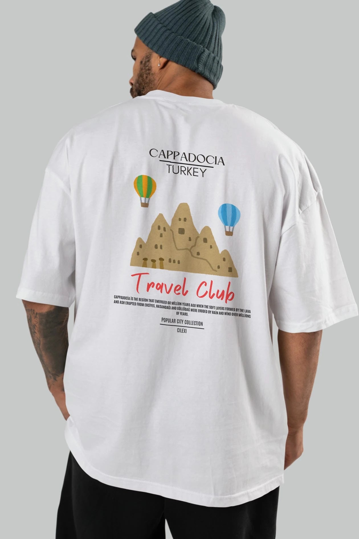Cappadocia Turkey Arka Baskılı Oversize t-shirt Erkek Kadın Pamuk Bisiklet Yaka tişort