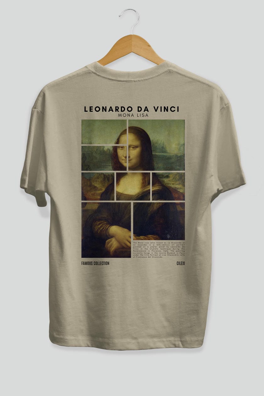 Leonardo Da Vinci Mona Lisa Arka Baskılı Oversize t-shirt Erkek Kadın Bisiklet Yaka Pamuk tişort