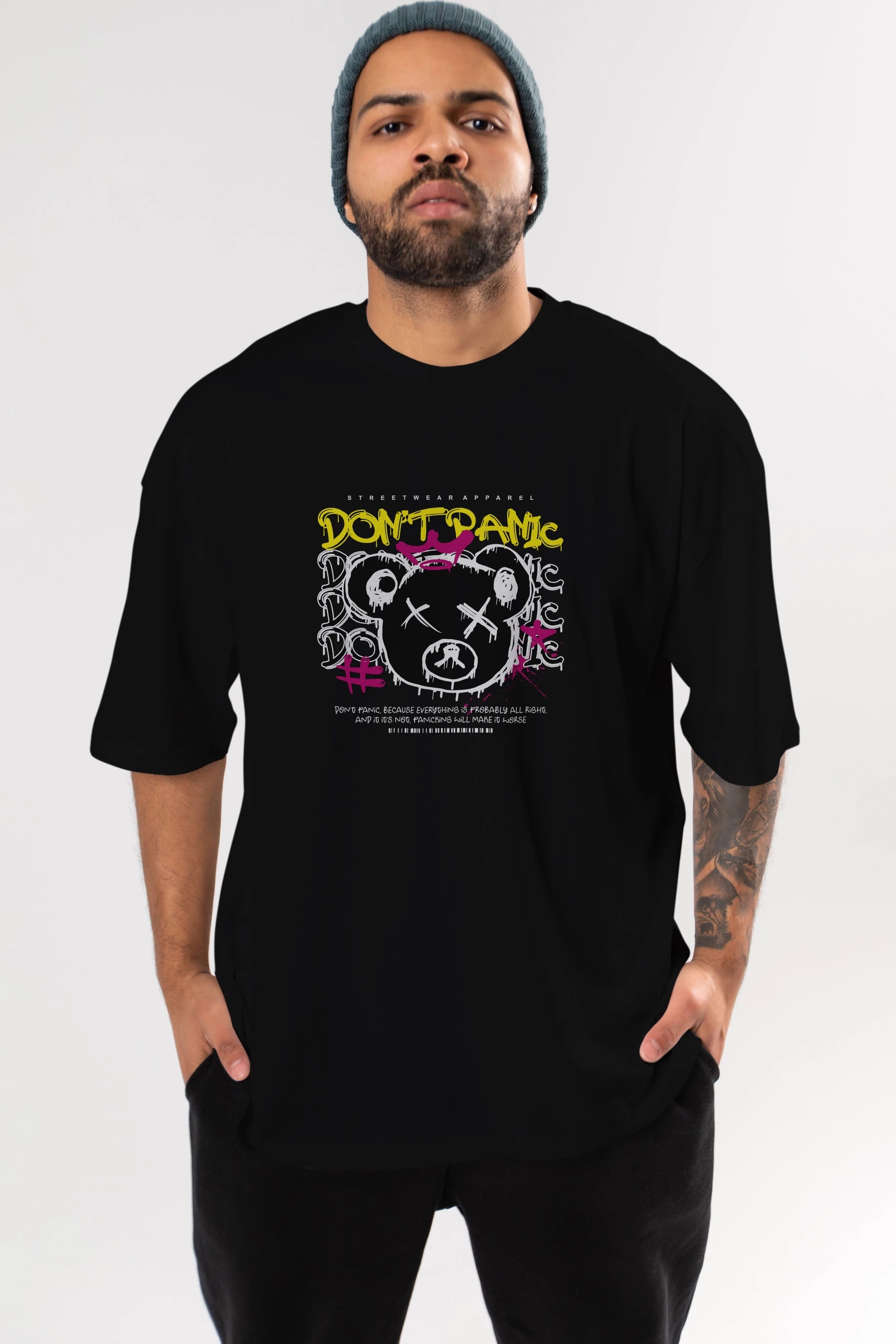 Teddy Bear Dont Panic Ön Baskılı Oversize t-shirt Erkek Kadın Unisex