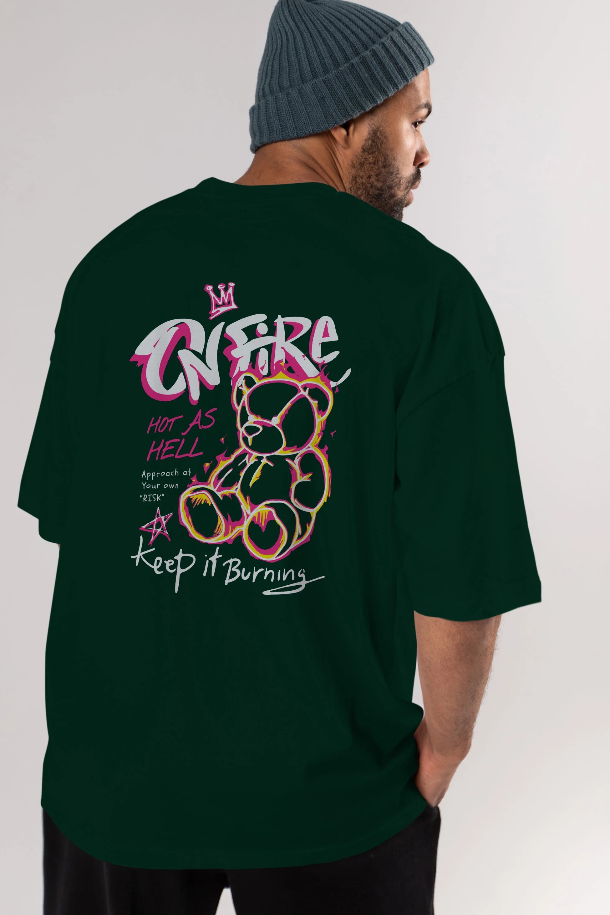 On Fire Bear Arka Baskılı Oversize t-shirt Erkek Kadın Unisex