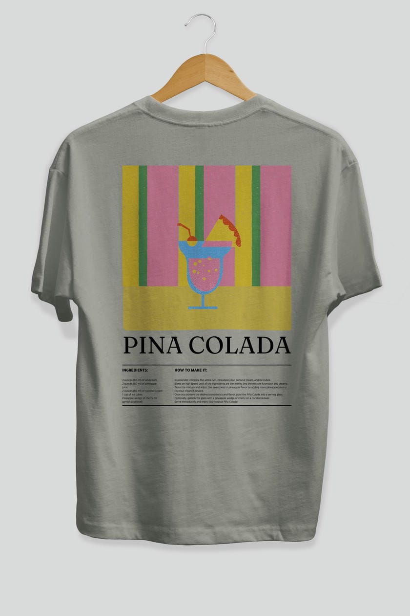Pina Colada Kokteyl Serisi Arka Baskılı Oversize t-shirt Erkek Kadın %100 Pamuk Bisiklet Yaka tişort