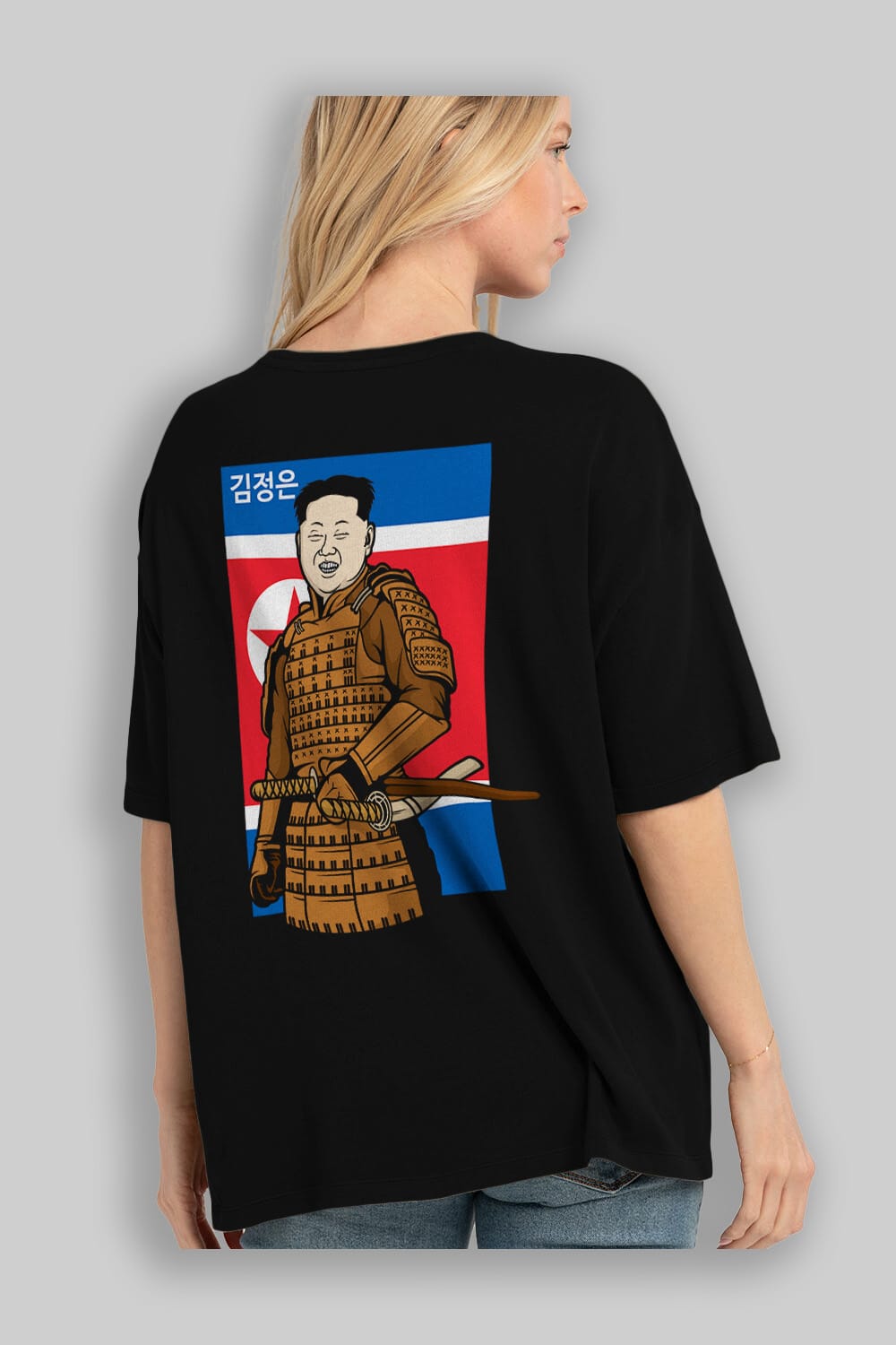 Samurai Jong Un Arka Baskılı Oversize t-shirt Erkek Kadın Unisex %100 Pamuk tişort