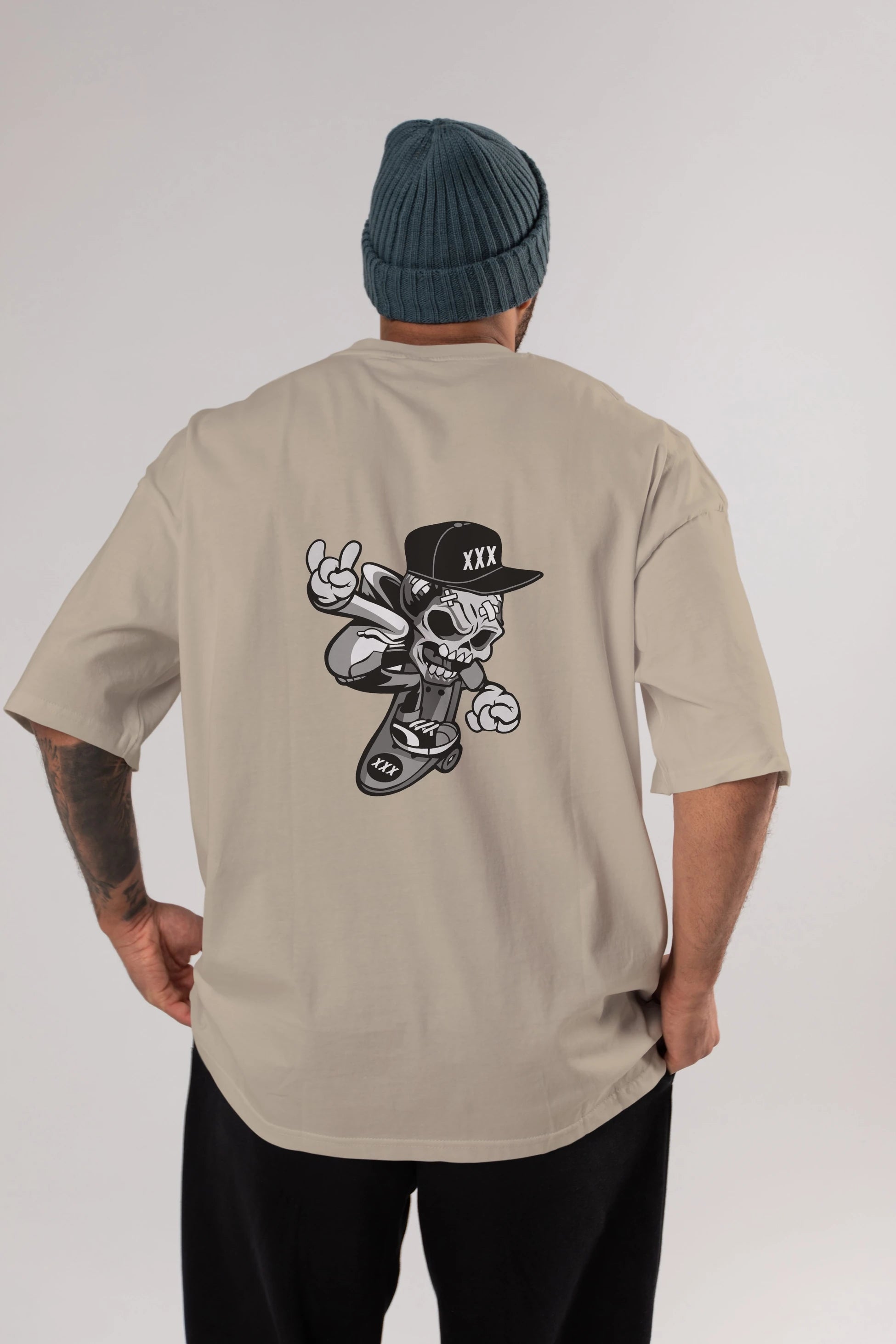 Skull Skateboard Arka Baskılı Oversize t-shirt Erkek Kadın Unisex %100 Pamuk tişort