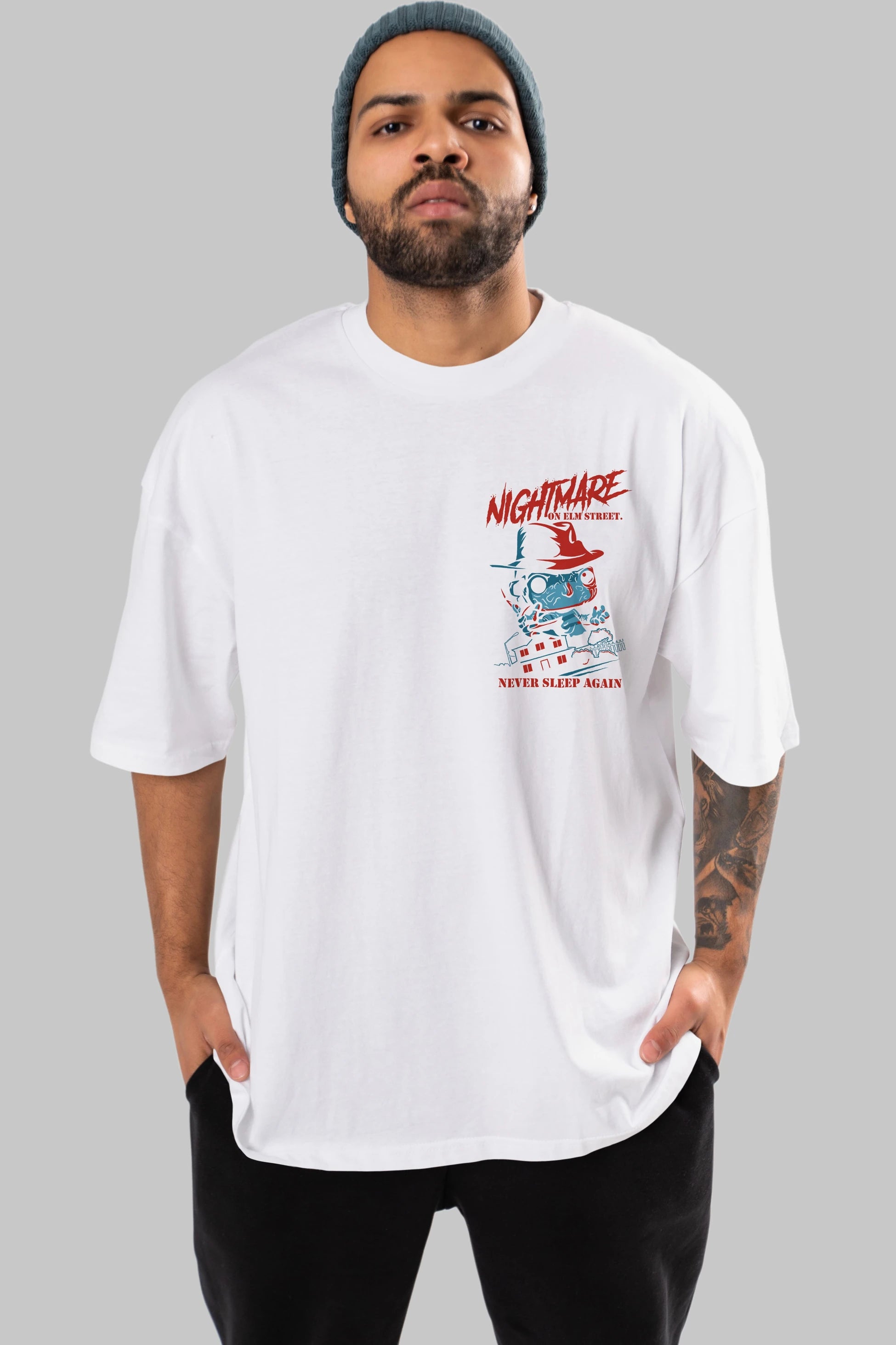Nightmare Elm Sokağı Ön Sol Baskılı Oversize t-shirt Erkek Kadın Unisex %100 Pamuk Bisiklet Yaka tişort