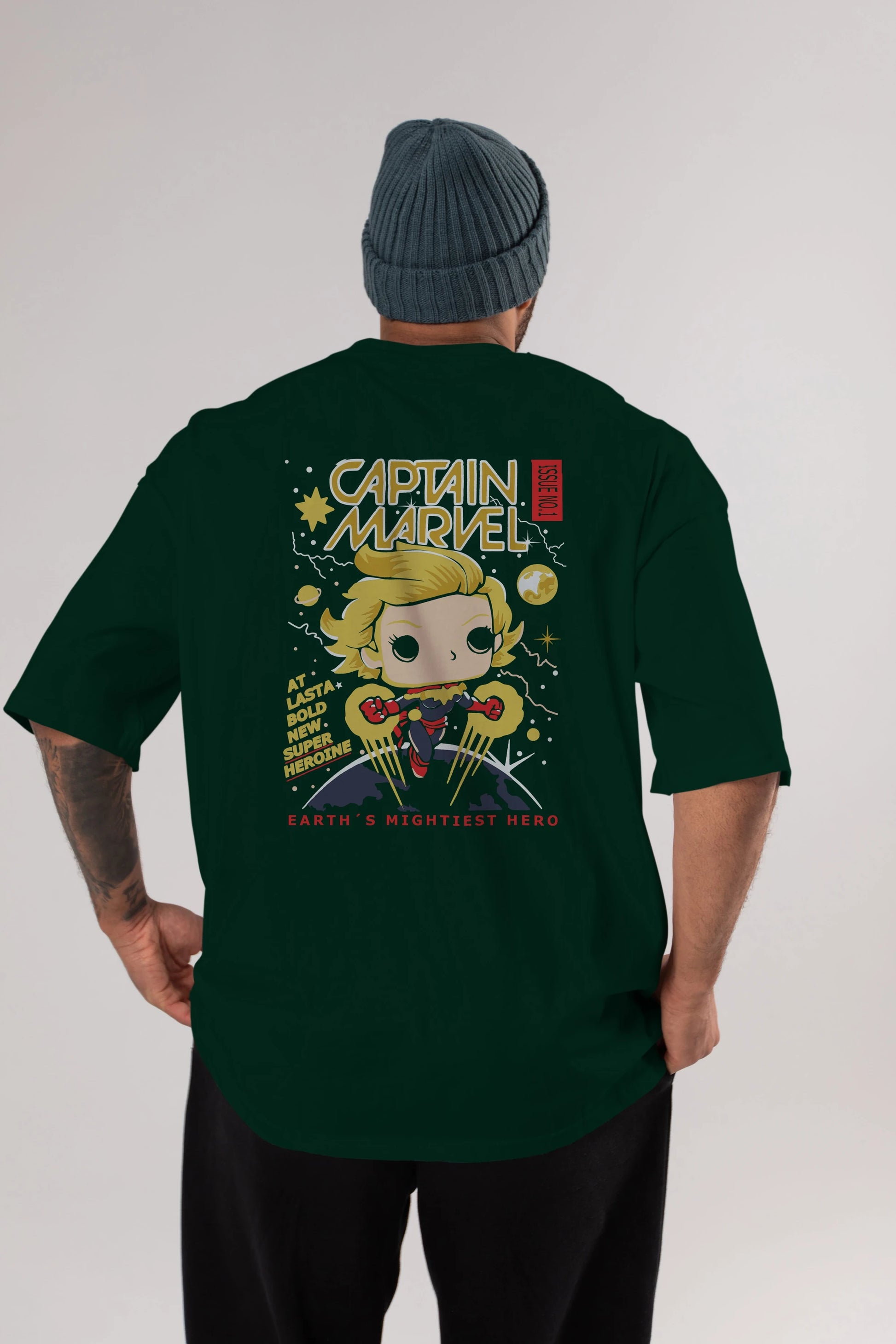 Captain Marvel Arka Baskılı Oversize t-shirt Erkek Kadın Unisex %100 Pamuk Bisiklet Yaka tişort