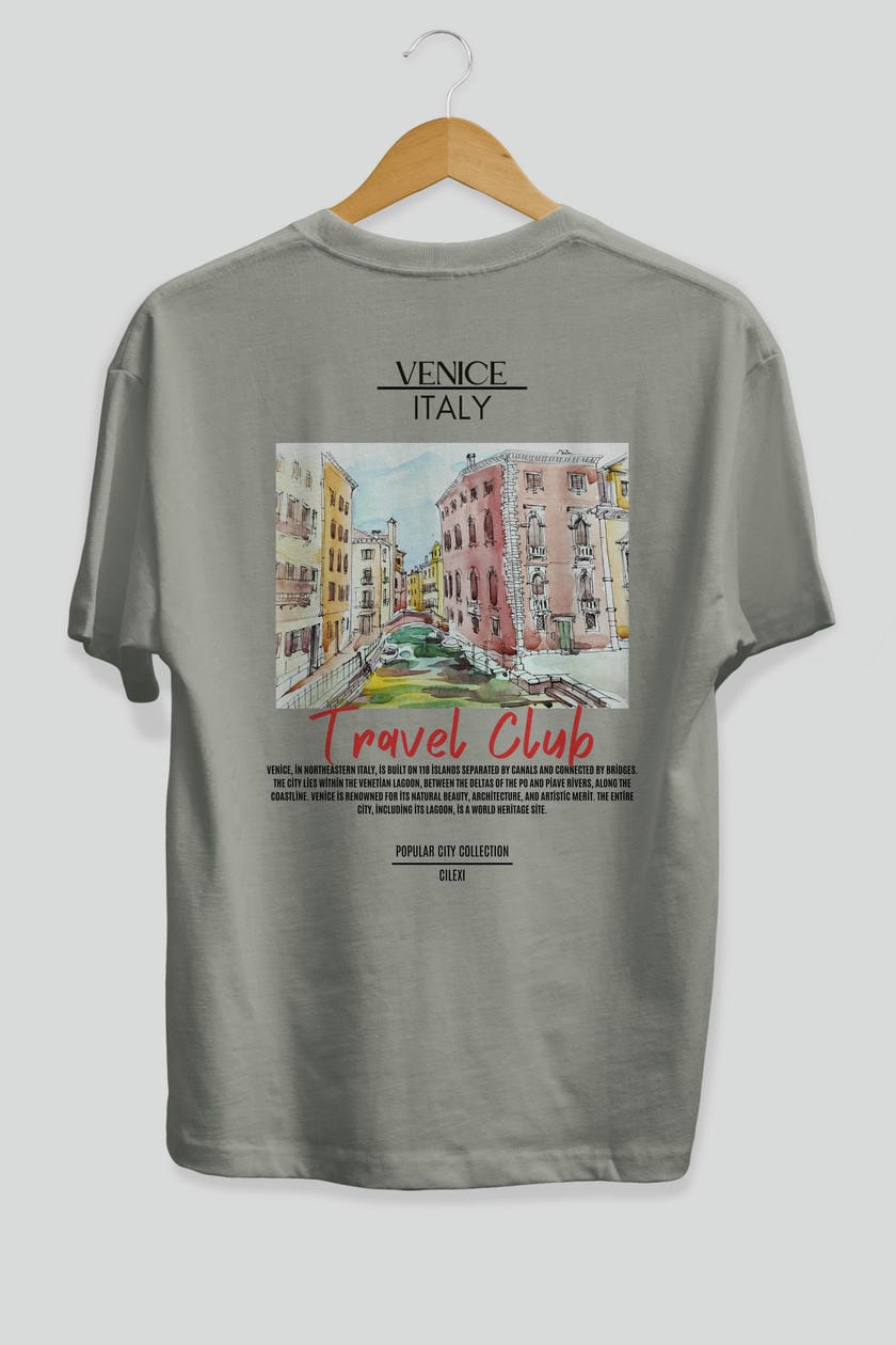 Venice İtaly Arka Baskılı Oversize t-shirt Erkek Kadın Pamuk Bisiklet Yaka tişort