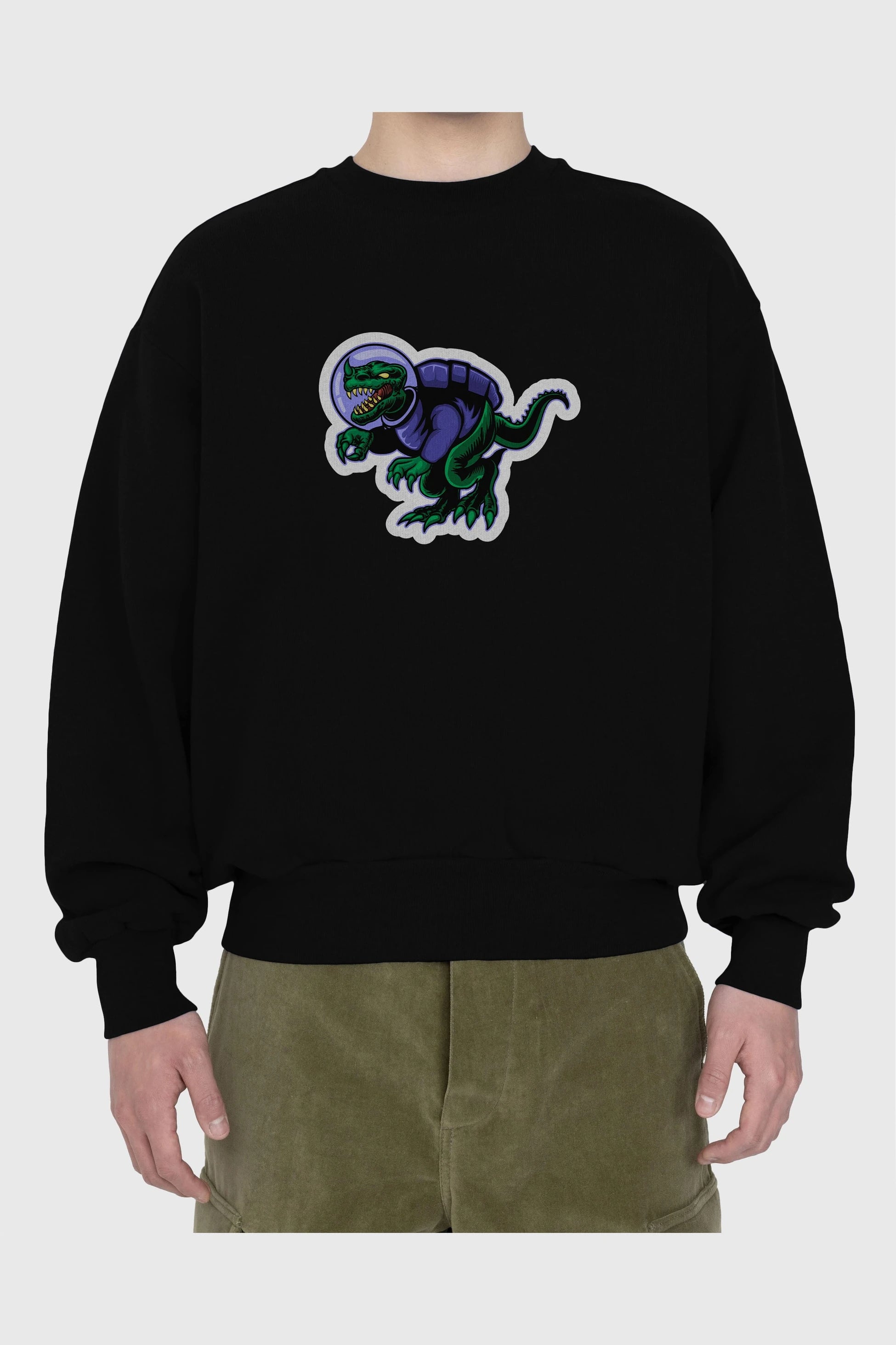 Space Dino Sticker Ön Baskılı Oversize Sweatshirt Erkek Kadın Unisex