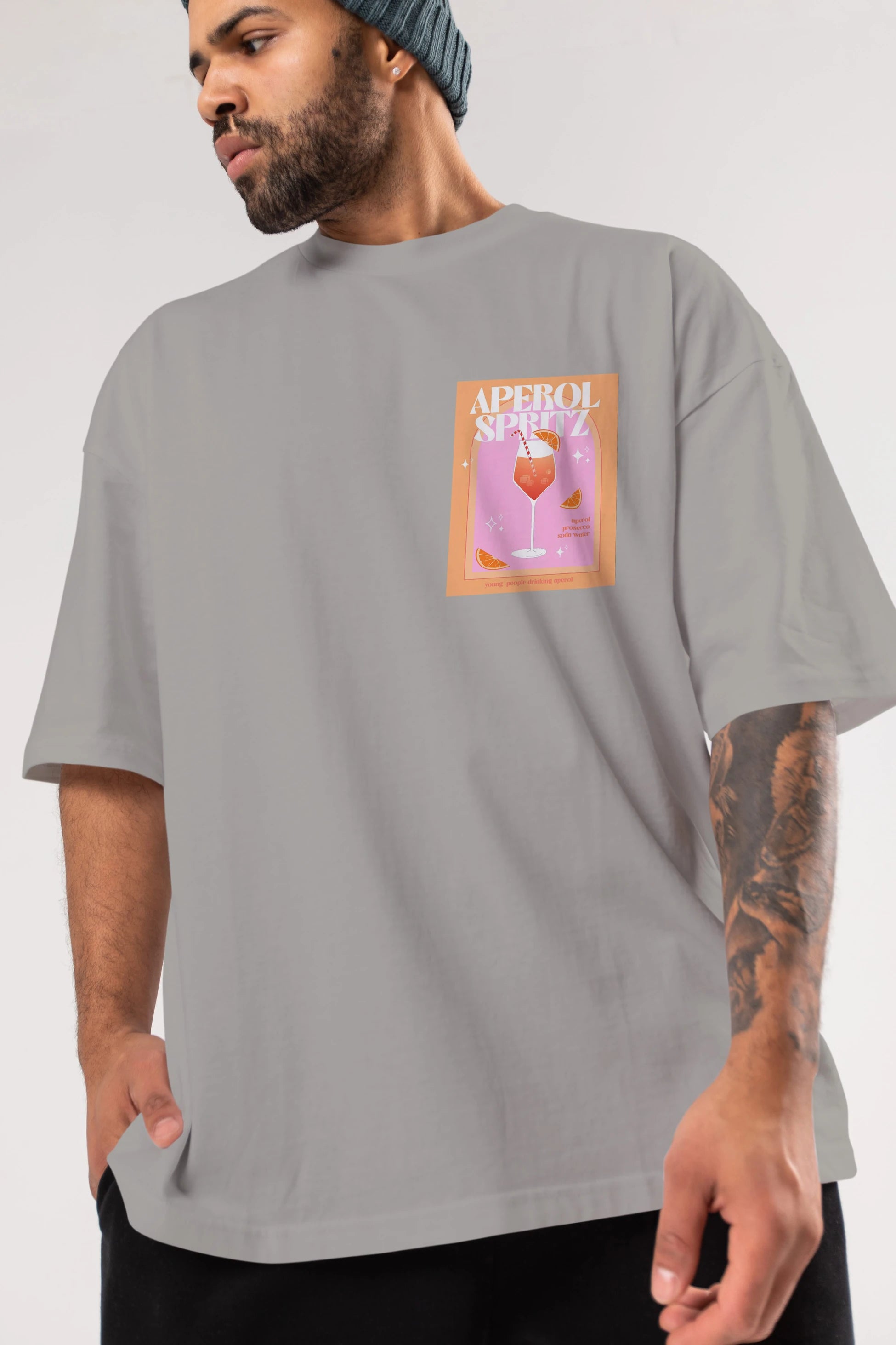 Aperol Spritz 2 Ön Sol Baskılı Oversize t-shirt Erkek Kadın Unisex %100 Pamuk Bisiklet Yaka tişort