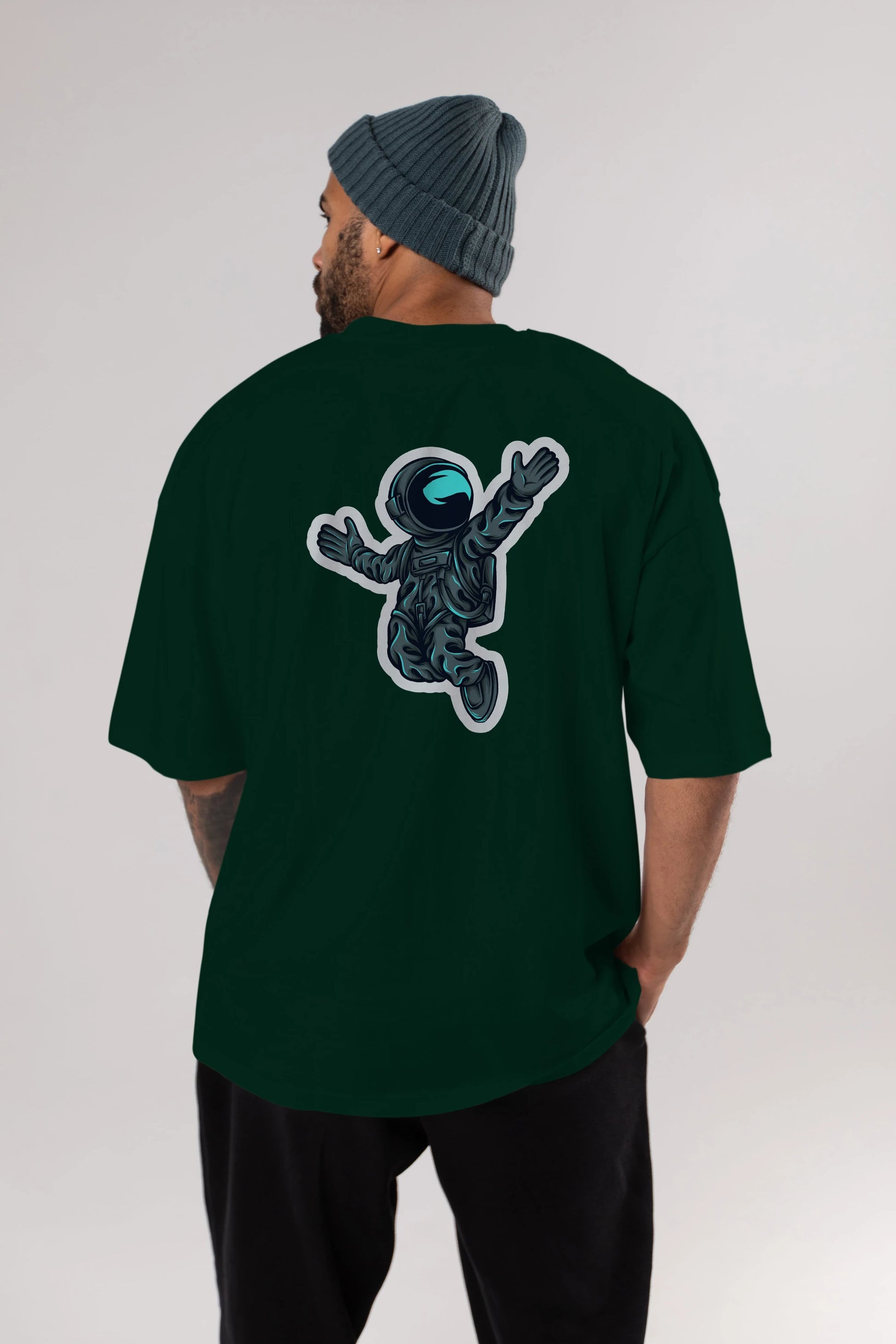 Happy Astronaut Sticker Arka Baskılı Oversize t-shirt Erkek Kadın Unisex