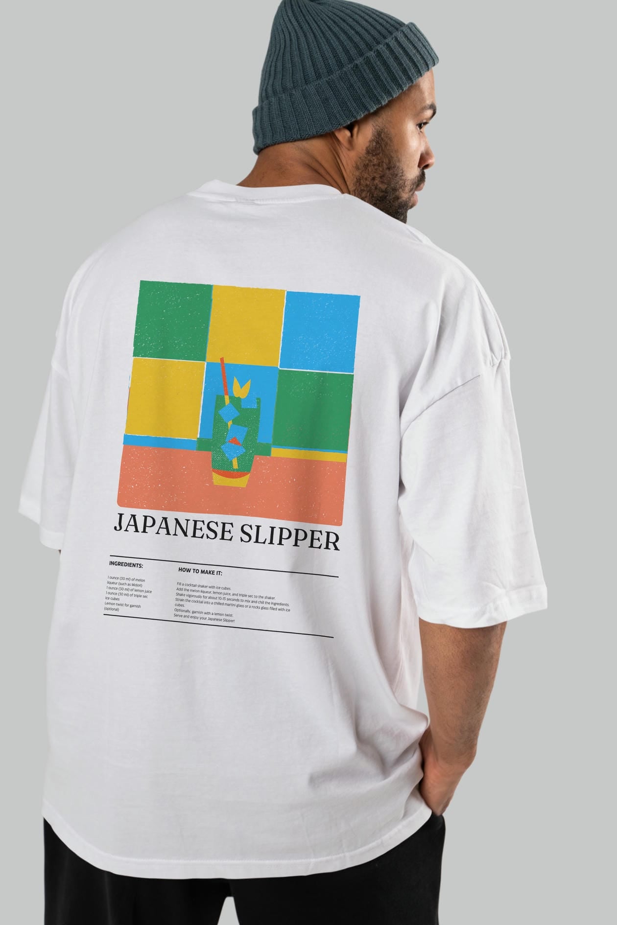 Japanese Slipper Kokteyl Serisi Arka Baskılı Oversize t-shirt Erkek Kadın %100 Pamuk Bisiklet Yaka tişort