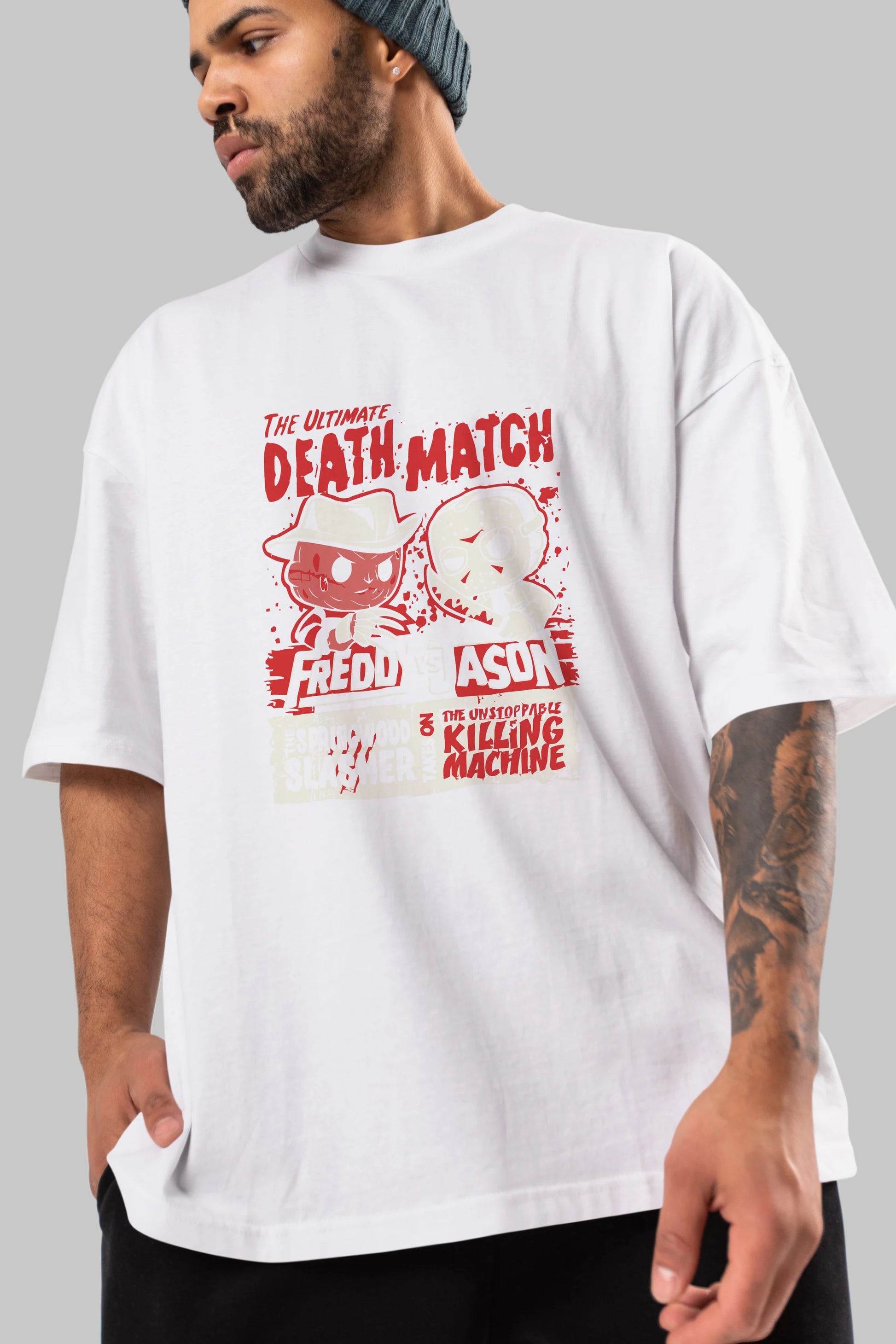 Freddy vs Jason Ön Baskılı Oversize t-shirt Erkek Kadın Unisex %100 Pamuk Bisiklet Yaka tişort