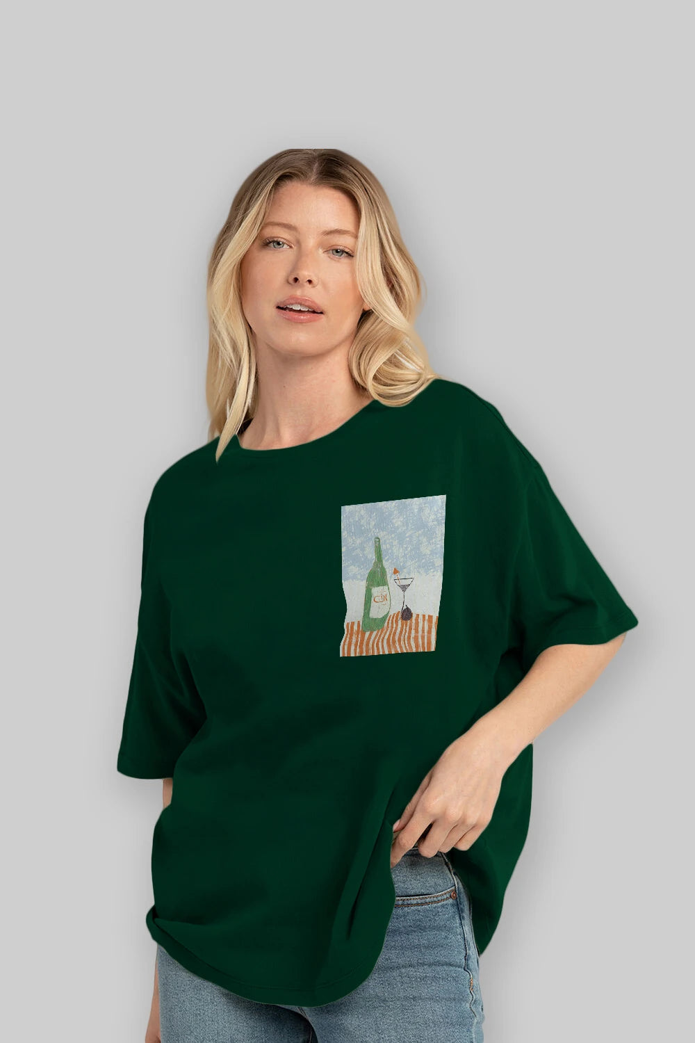 Gin Ön Sol Baskılı Oversize t-shirt Erkek Kadın Unisex %100 Pamuk Bisiklet Yaka tişort