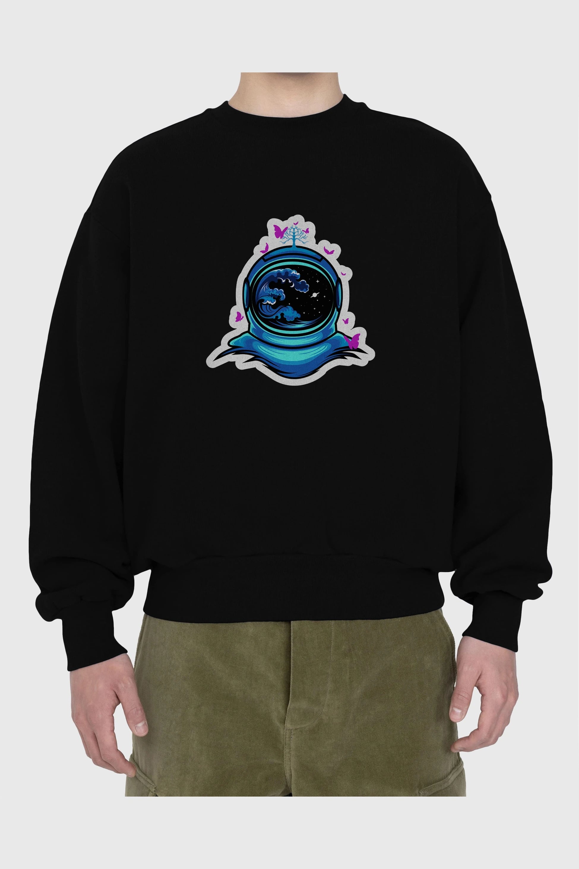 Astronaut and Butterfly Sticker Ön Baskılı Oversize Sweatshirt Erkek Kadın Unisex