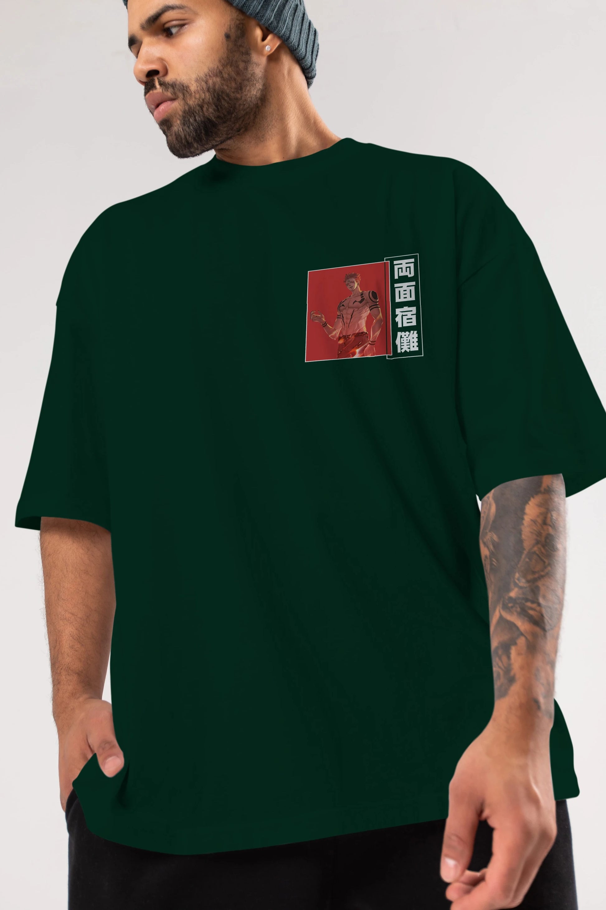 Sukuna Ryoumen 3 Ön Sol Baskılı Oversize t-shirt Erkek Kadın Unisex %100 Pamuk Bisiklet Yaka tişort