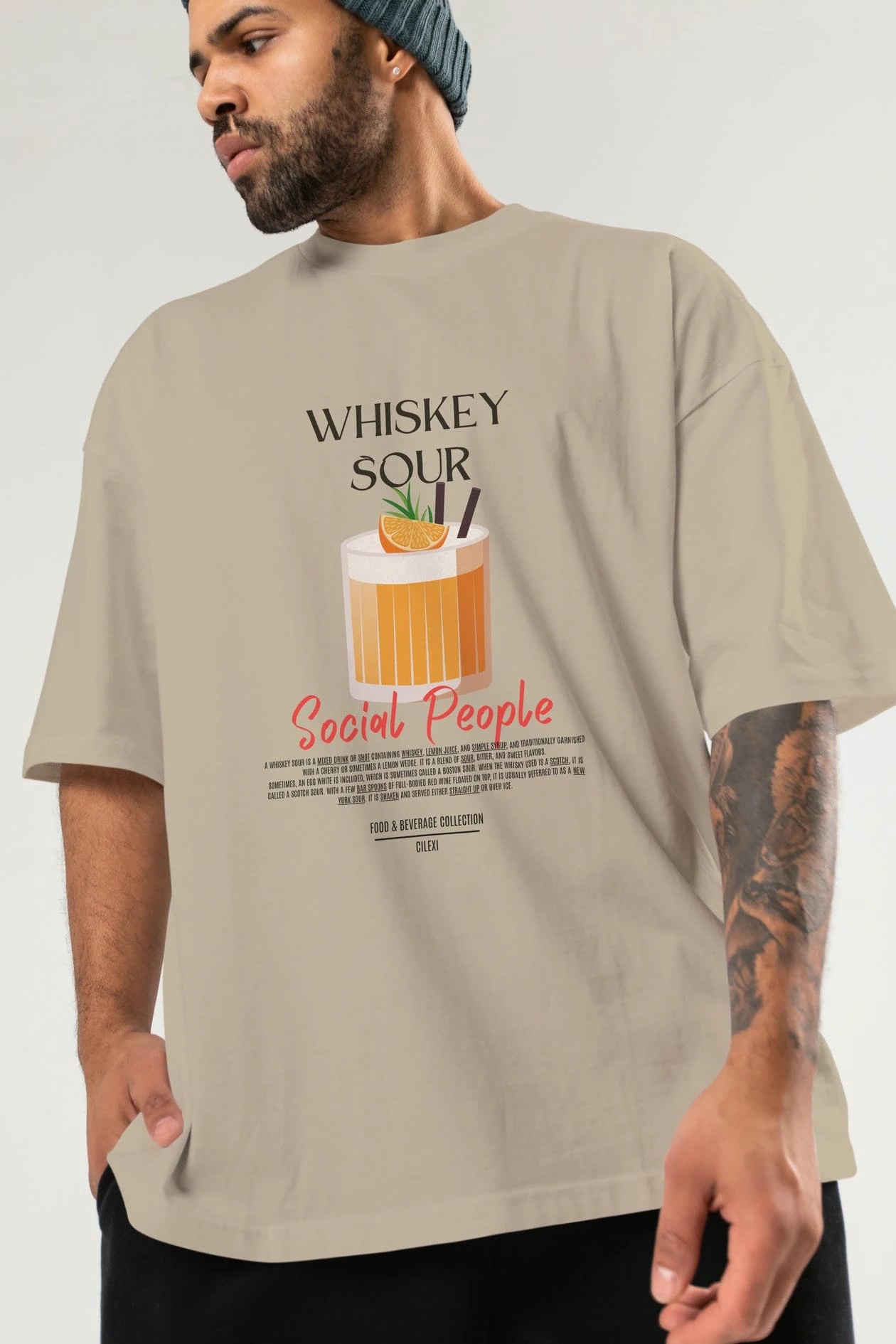 Whıskey Sour Kokteyl Serisi ön Baskılı Oversize t-shirt Erkek Kadın %100 Pamuk Bisiklet Yaka tişort