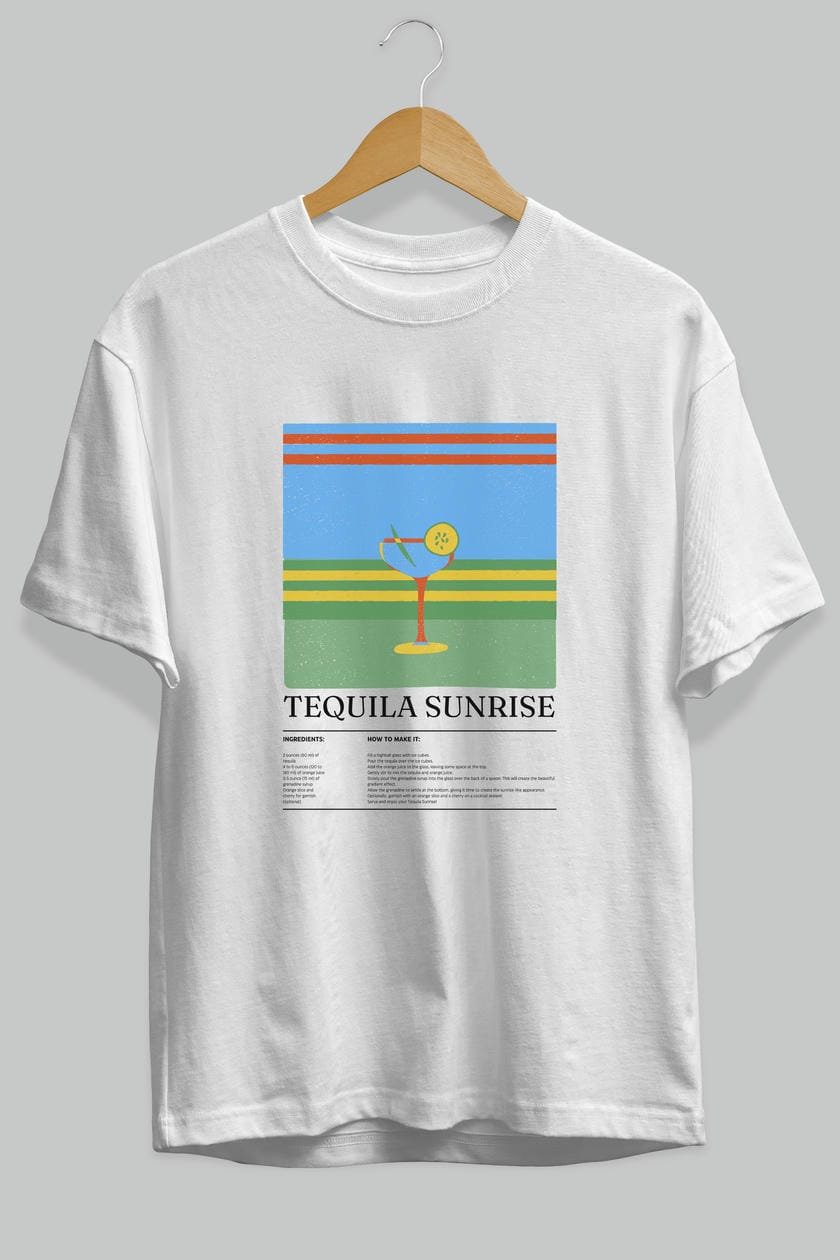 Tequila Sunrise Kokteyl Ön Baskılı Oversize t-shirt Erkek Kadın %100 Pamuk Bisiklet Yaka tişort